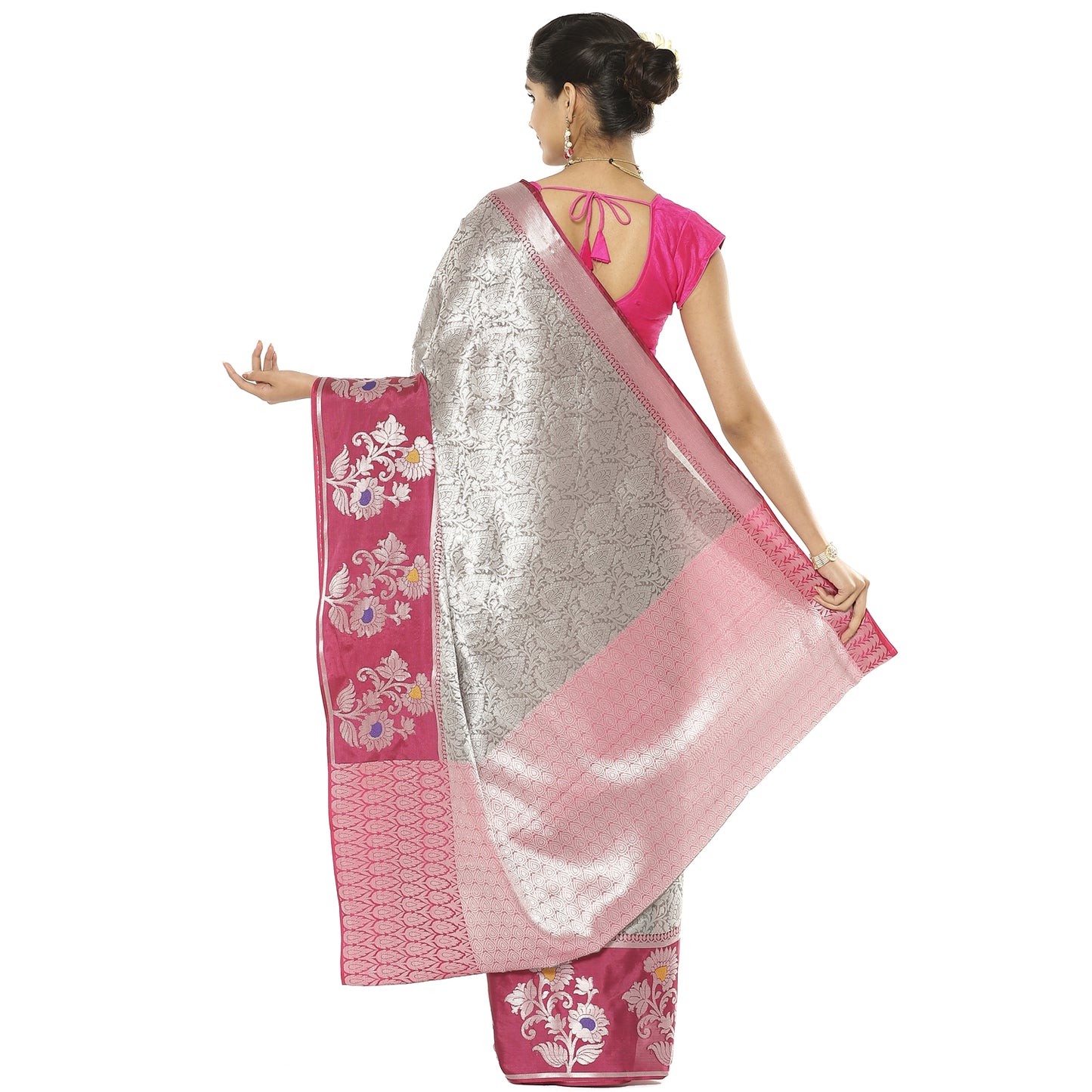 Faishana Presents Grey Silver Zari Kanchi Silk Tanchoi Brocade Contrast Pink Skirt Meena Border Banarasi Saree