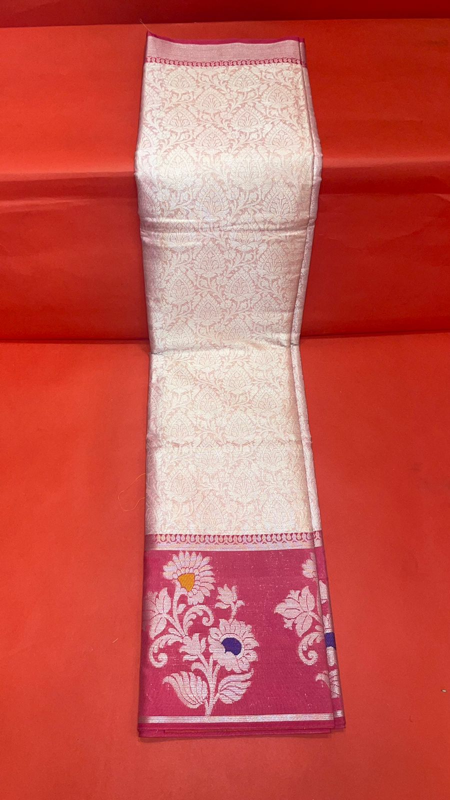 Faishana Presents Pink Silver Zari Kanchi Silk Tanchoi Brocade Contrast Pink Skirt Meena Border Banarasi Saree
