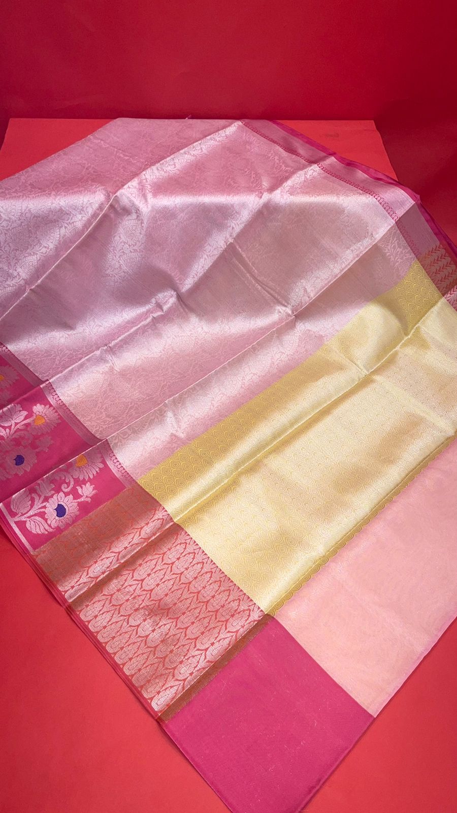 Faishana Presents Pink Silver Zari Kanchi Silk Tanchoi Brocade Contrast Pink Skirt Meena Border Banarasi Saree