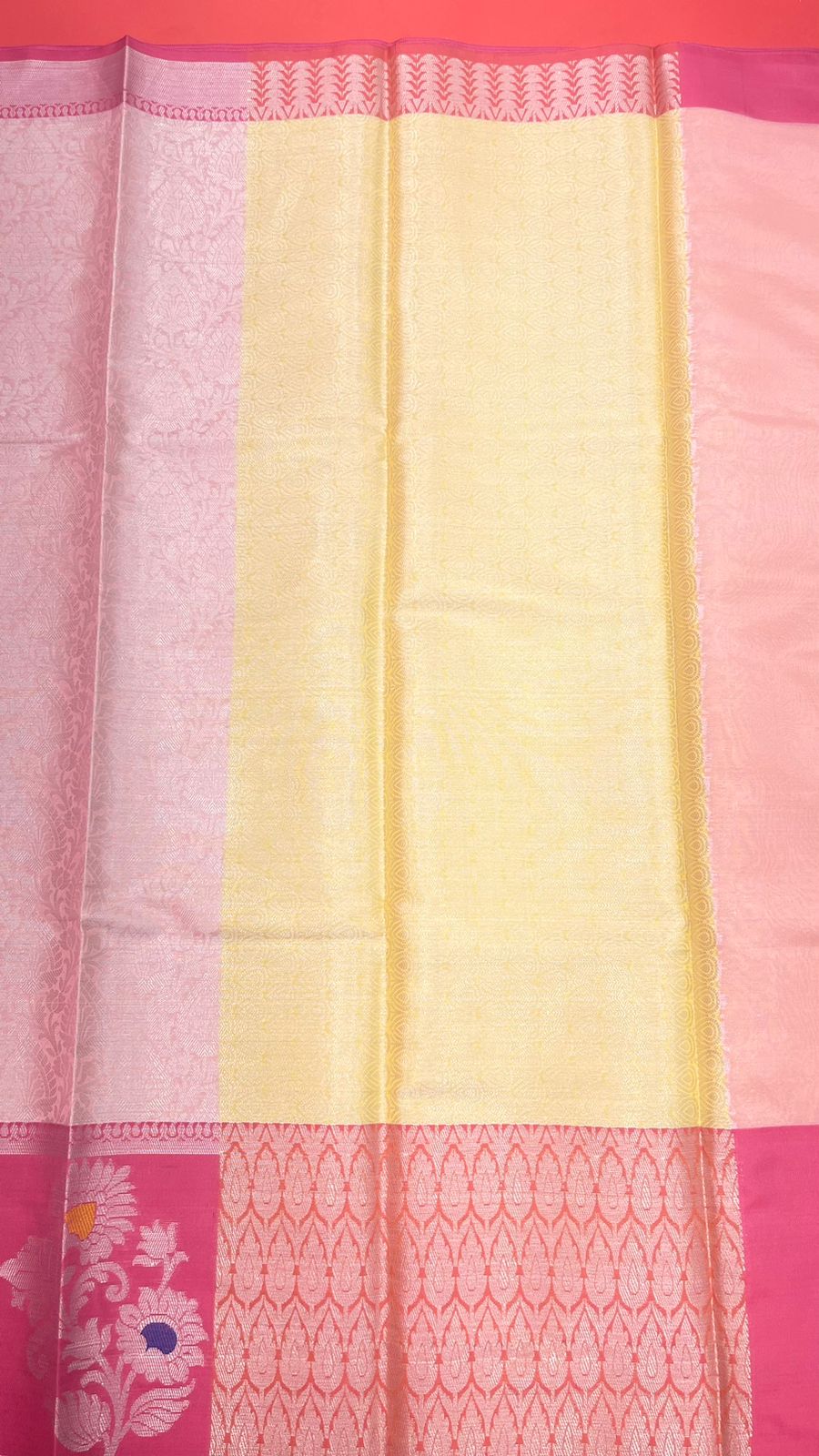 Faishana Presents Pink Silver Zari Kanchi Silk Tanchoi Brocade Contrast Pink Skirt Meena Border Banarasi Saree
