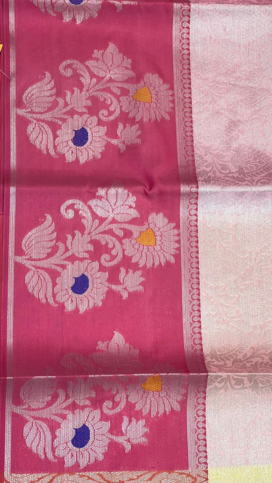 Faishana Presents Pink Silver Zari Kanchi Silk Tanchoi Brocade Contrast Pink Skirt Meena Border Banarasi Saree