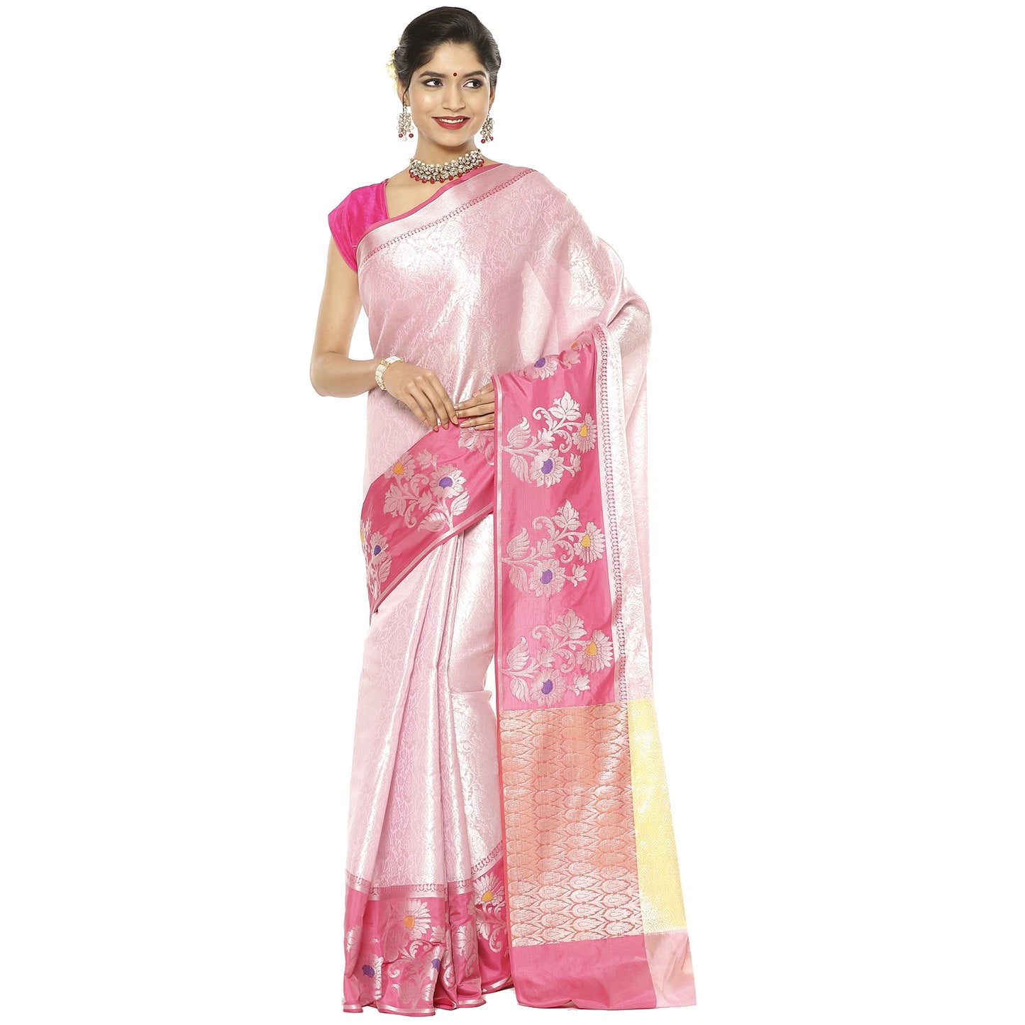 Faishana Presents Pink Silver Zari Kanchi Silk Tanchoi Brocade Contrast Pink Skirt Meena Border Banarasi Saree