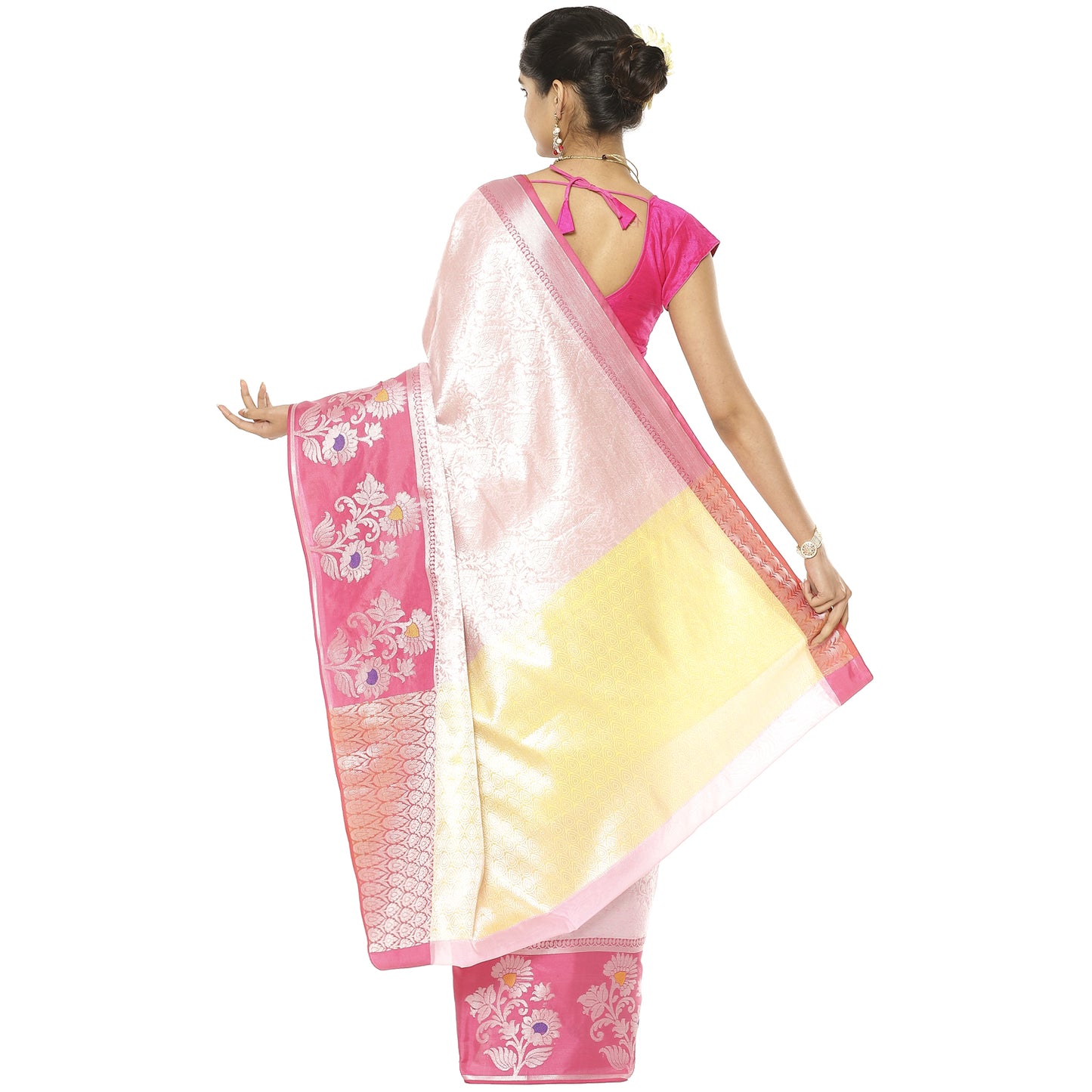 Faishana Presents Pink Silver Zari Kanchi Silk Tanchoi Brocade Contrast Pink Skirt Meena Border Banarasi Saree