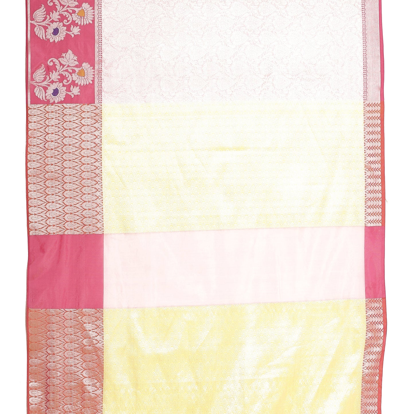 Faishana Presents Pink Silver Zari Kanchi Silk Tanchoi Brocade Contrast Pink Skirt Meena Border Banarasi Saree