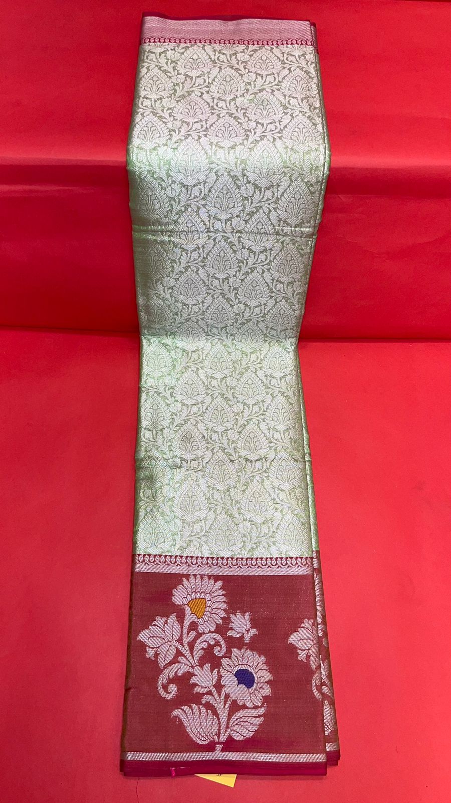 Faishana Presents Green Silver Zari Kanchi Silk Tanchoi Brocade Contrast Maroon Skirt Meena Border Banarasi Saree