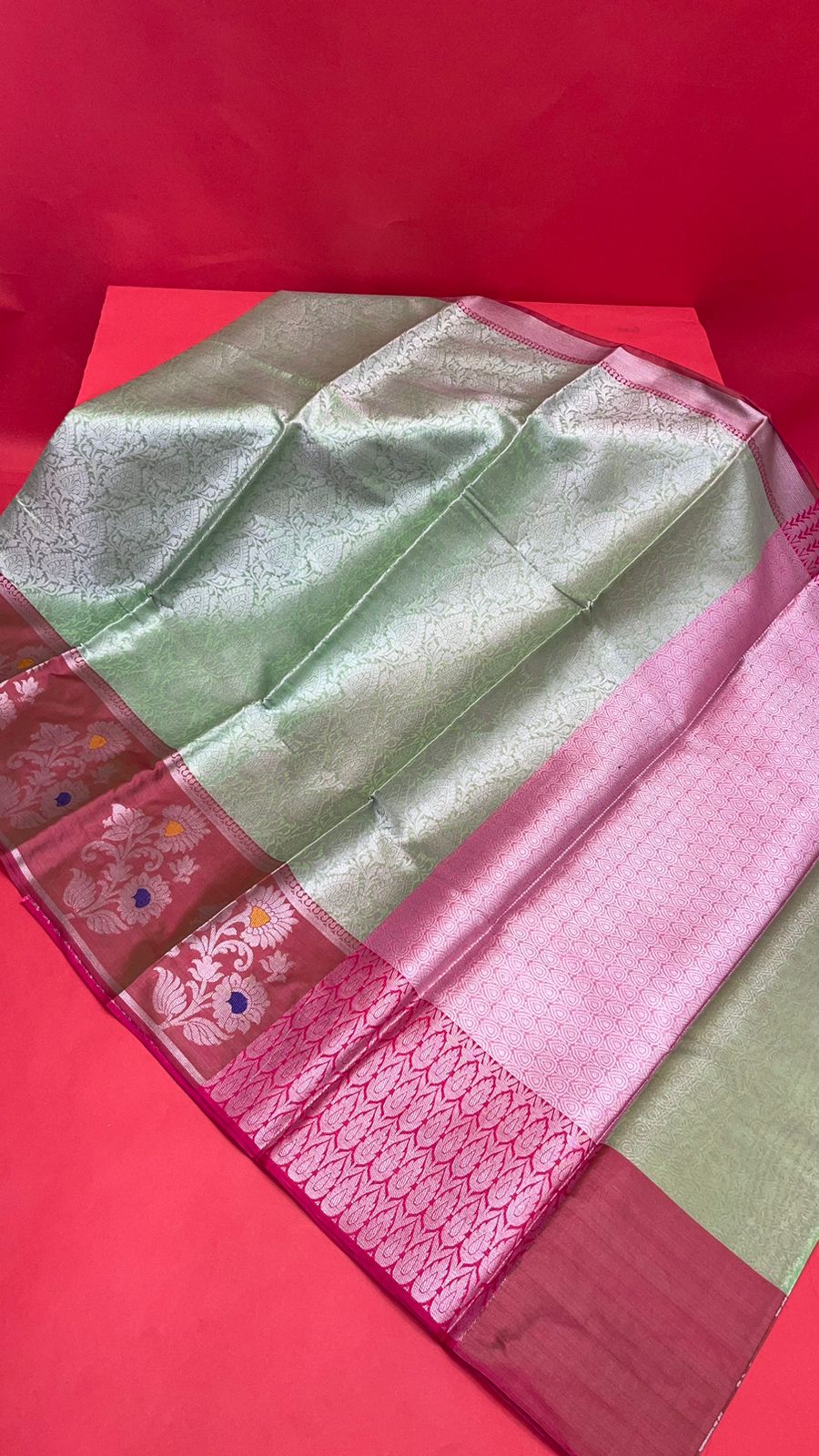 Faishana Presents Green Silver Zari Kanchi Silk Tanchoi Brocade Contrast Maroon Skirt Meena Border Banarasi Saree