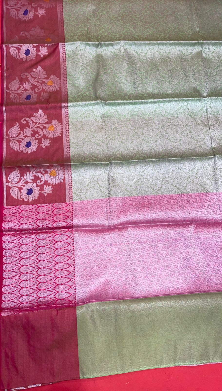 Faishana Presents Green Silver Zari Kanchi Silk Tanchoi Brocade Contrast Maroon Skirt Meena Border Banarasi Saree