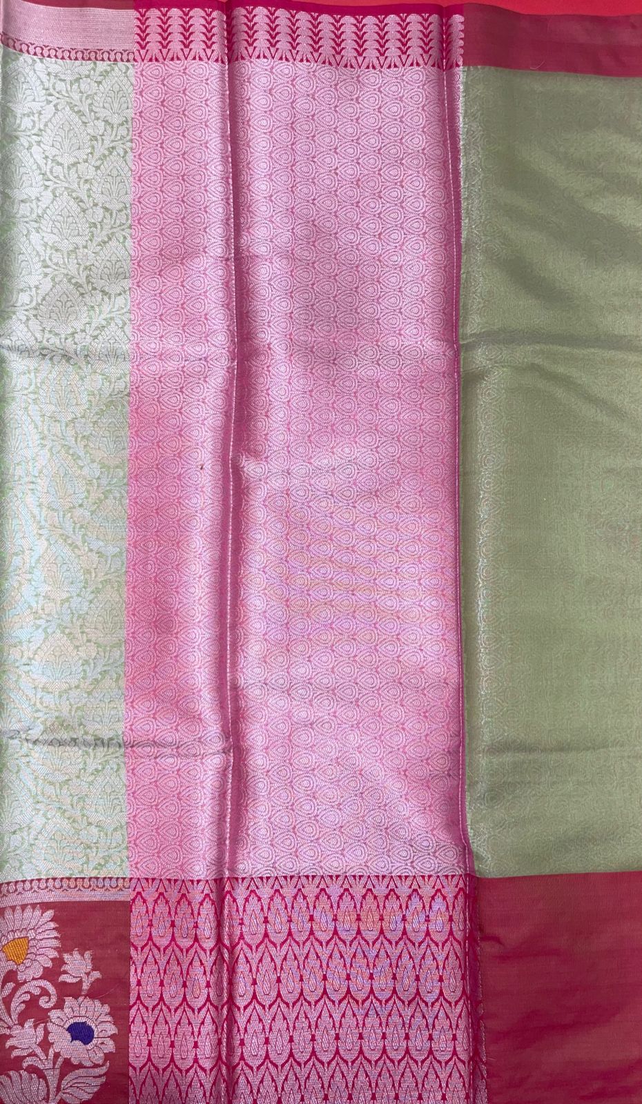Faishana Presents Green Silver Zari Kanchi Silk Tanchoi Brocade Contrast Maroon Skirt Meena Border Banarasi Saree
