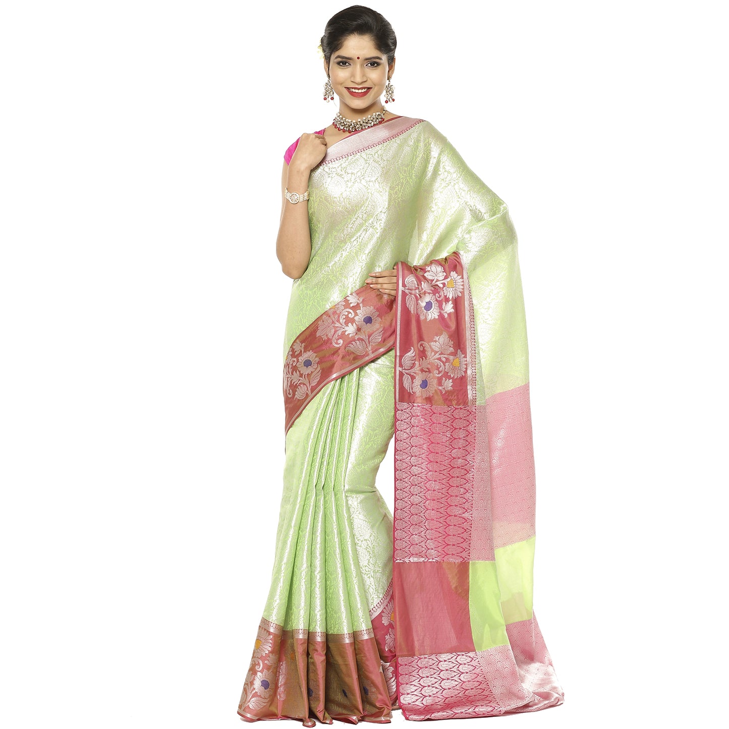 Faishana Presents Green Silver Zari Kanchi Silk Tanchoi Brocade Contrast Maroon Skirt Meena Border Banarasi Saree