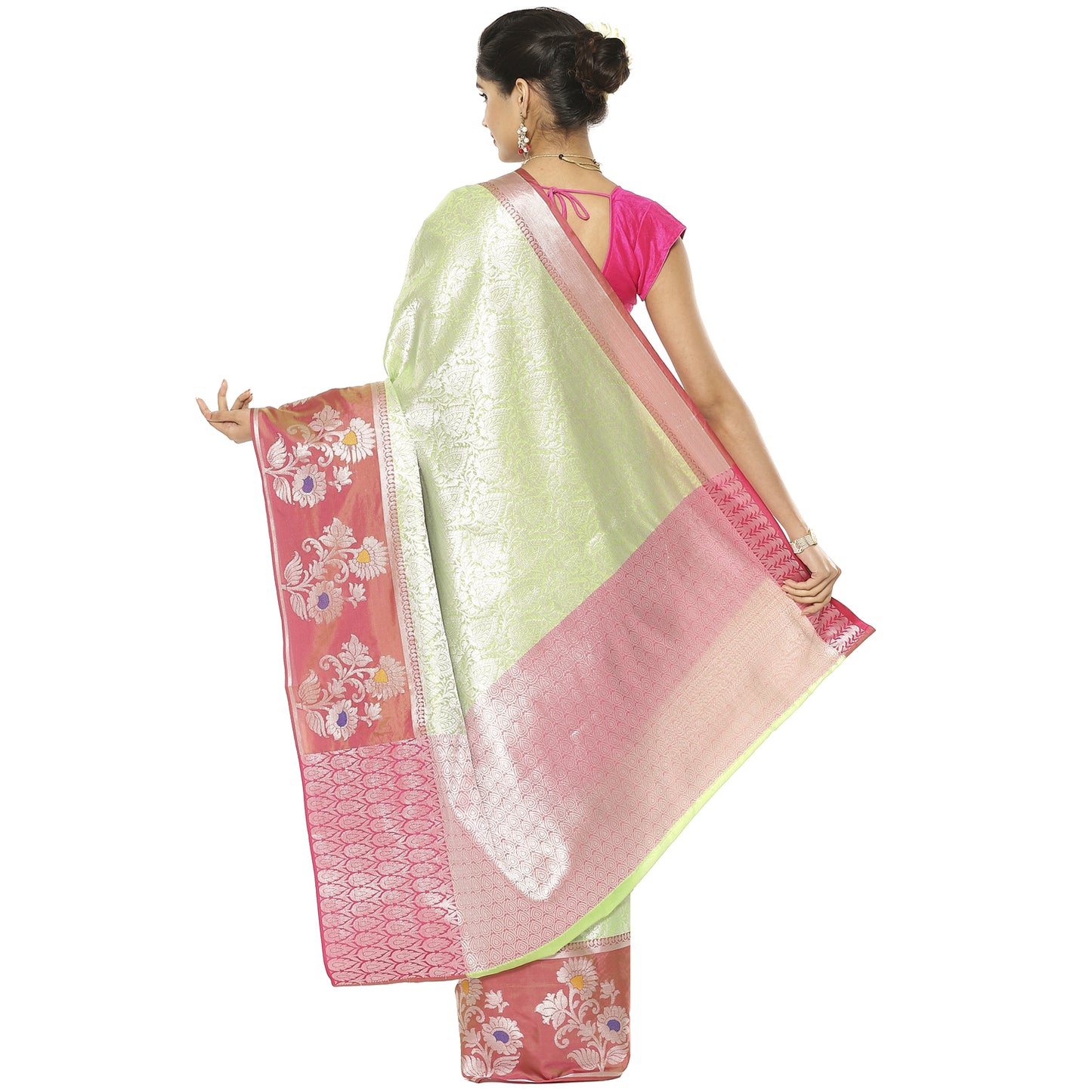 Faishana Presents Green Silver Zari Kanchi Silk Tanchoi Brocade Contrast Maroon Skirt Meena Border Banarasi Saree