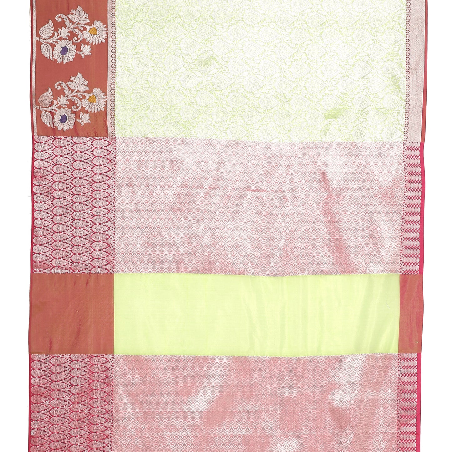 Faishana Presents Green Silver Zari Kanchi Silk Tanchoi Brocade Contrast Maroon Skirt Meena Border Banarasi Saree