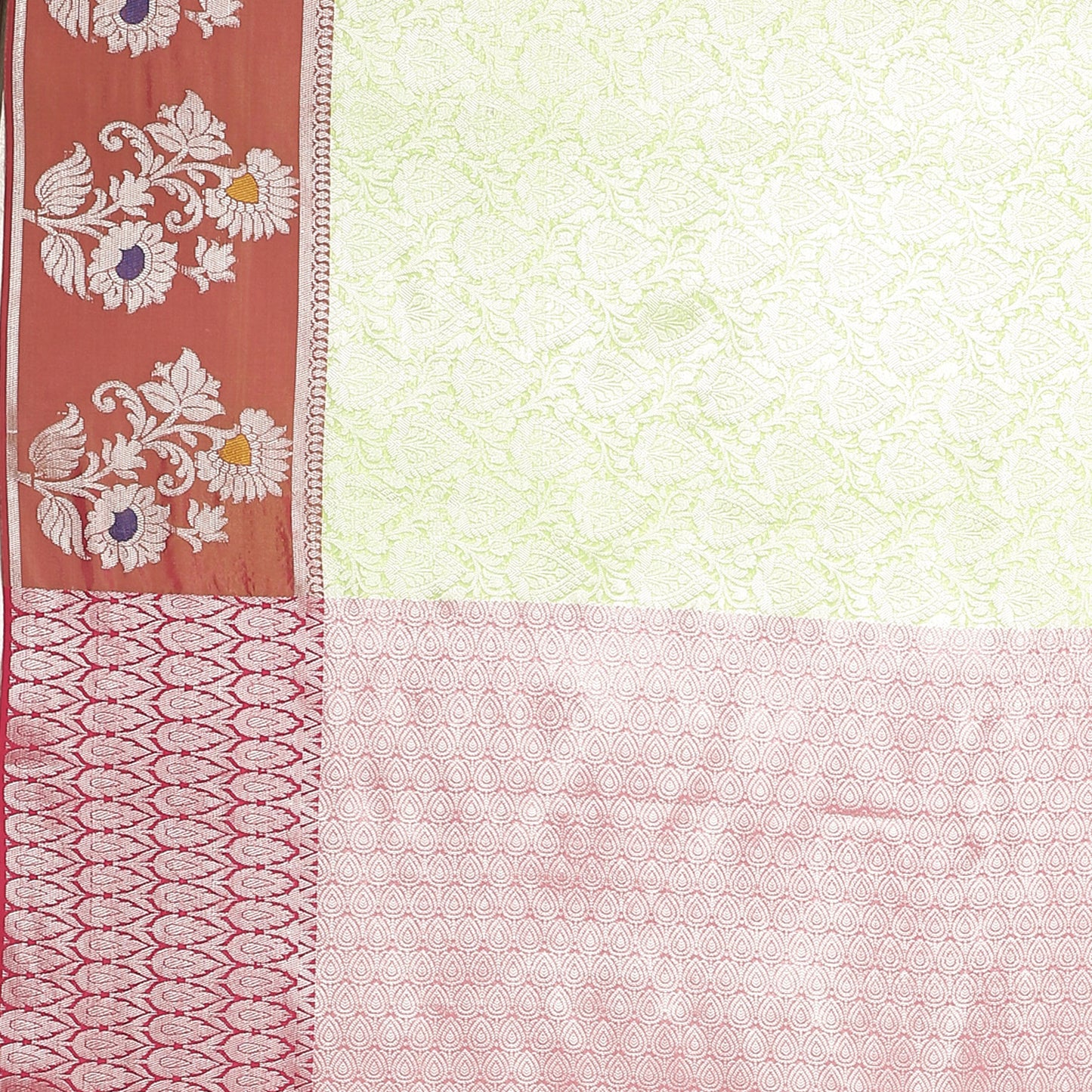 Faishana Presents Green Silver Zari Kanchi Silk Tanchoi Brocade Contrast Maroon Skirt Meena Border Banarasi Saree