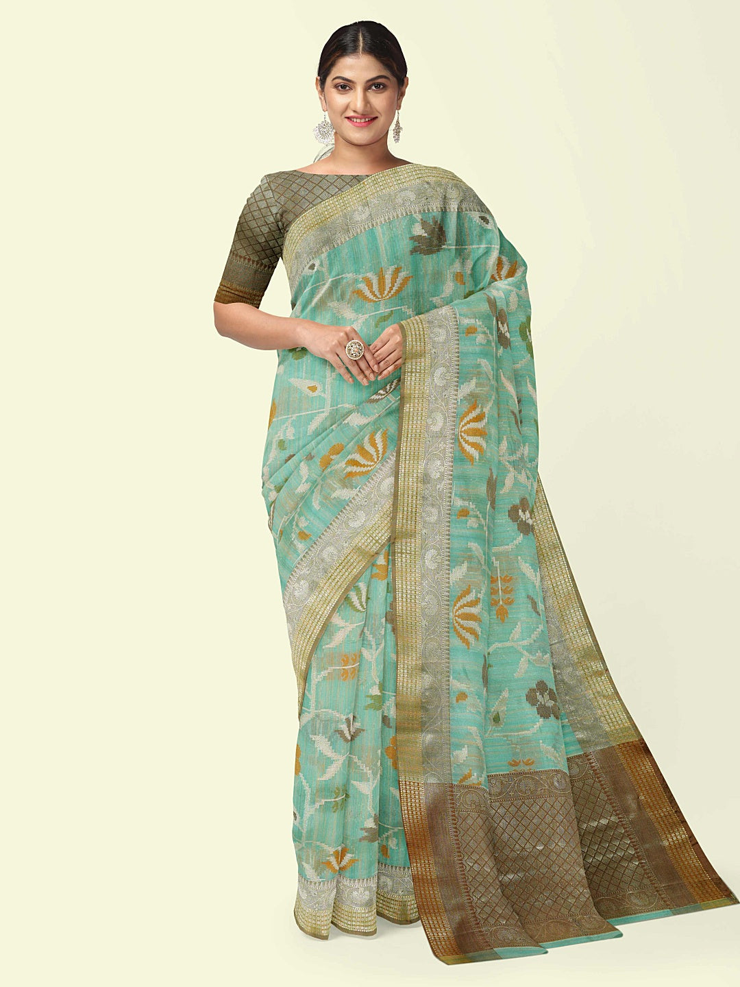Faishana Presents Woven Sea Green Mulberry Silk Alfi Jaal With Brown Blouse Banarasi Saree