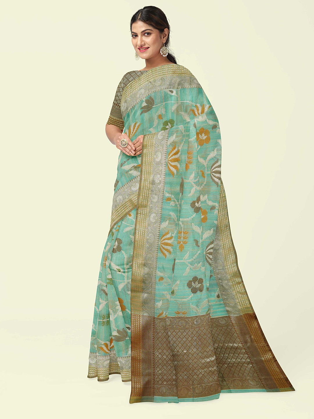 Faishana Presents Woven Sea Green Mulberry Silk Alfi Jaal With Brown Blouse Banarasi Saree