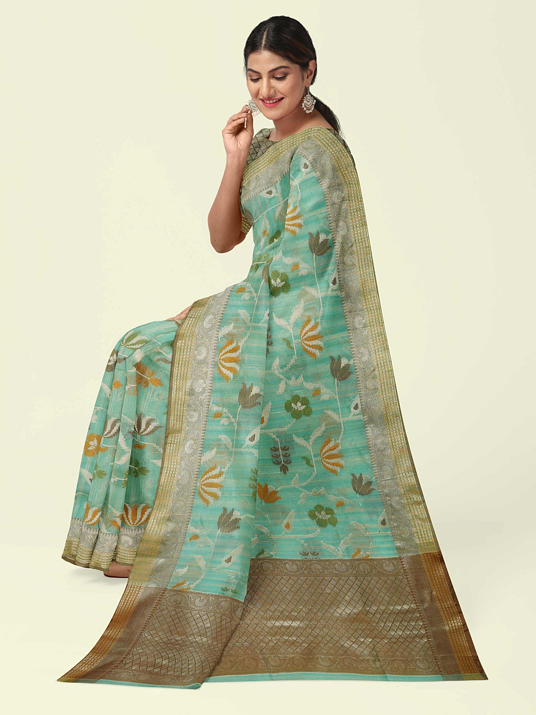 Faishana Presents Woven Sea Green Mulberry Silk Alfi Jaal With Brown Blouse Banarasi Saree