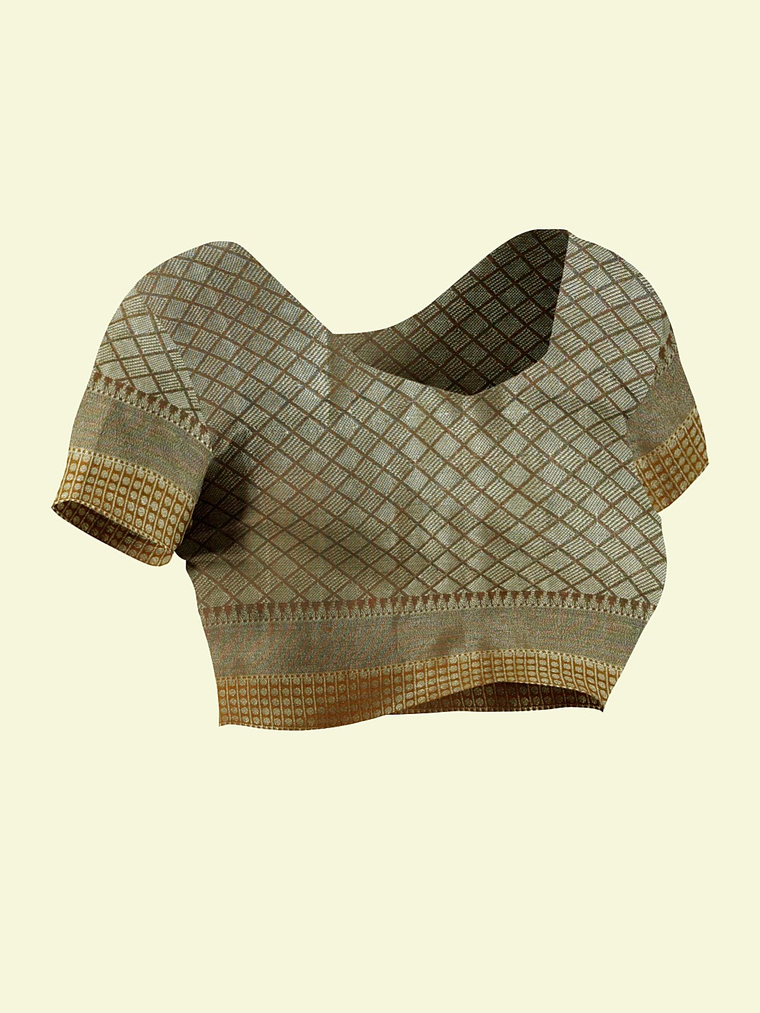 Faishana Presents Woven Sea Green Mulberry Silk Alfi Jaal With Brown Blouse Banarasi Saree