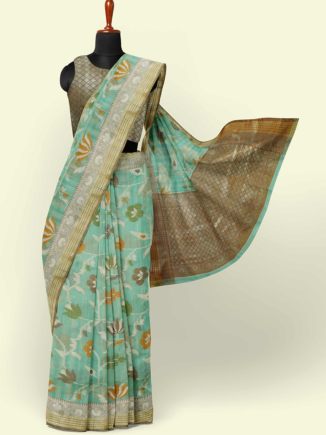 Faishana Presents Woven Sea Green Mulberry Silk Alfi Jaal With Brown Blouse Banarasi Saree