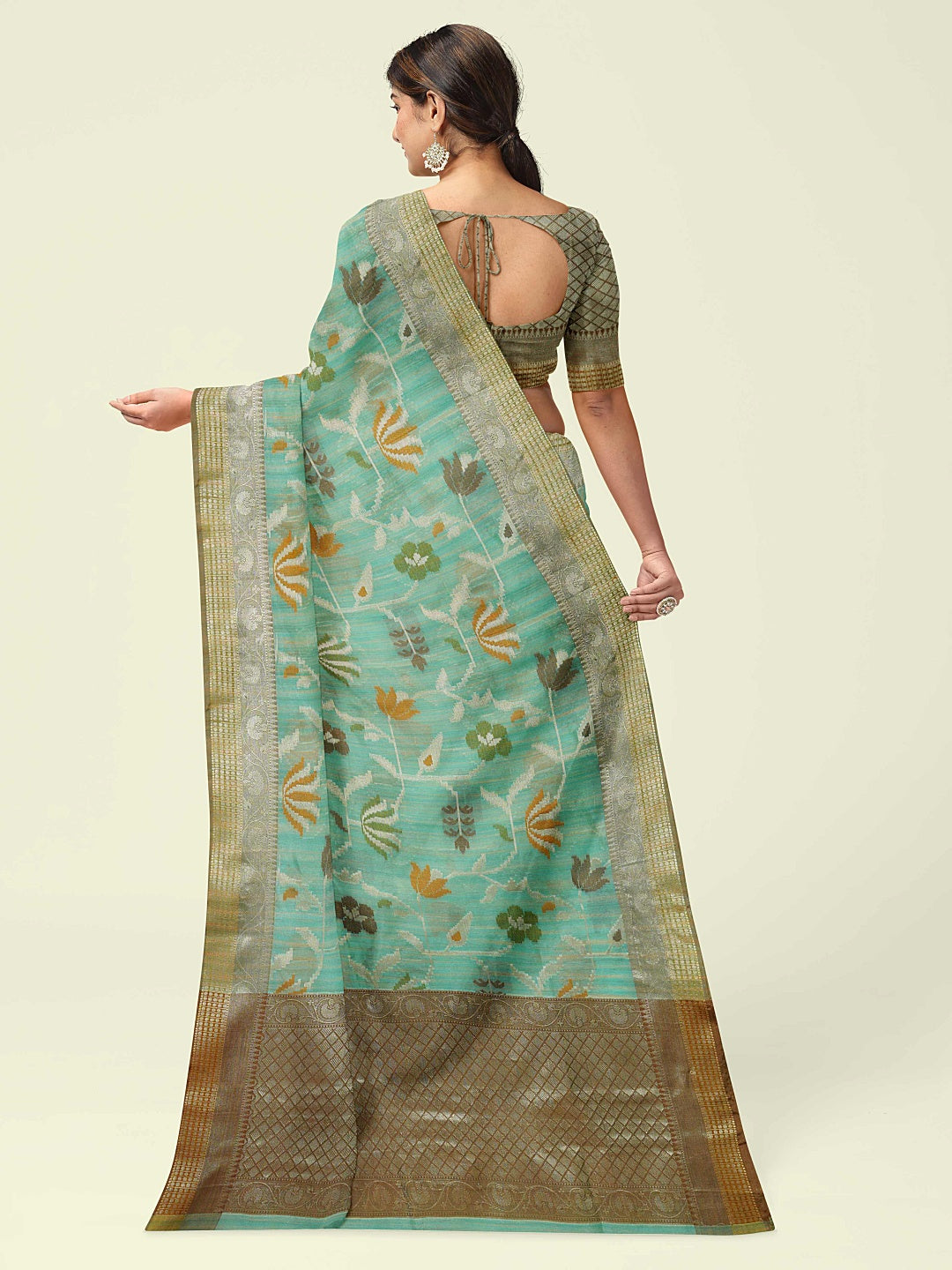 Faishana Presents Woven Sea Green Mulberry Silk Alfi Jaal With Brown Blouse Banarasi Saree