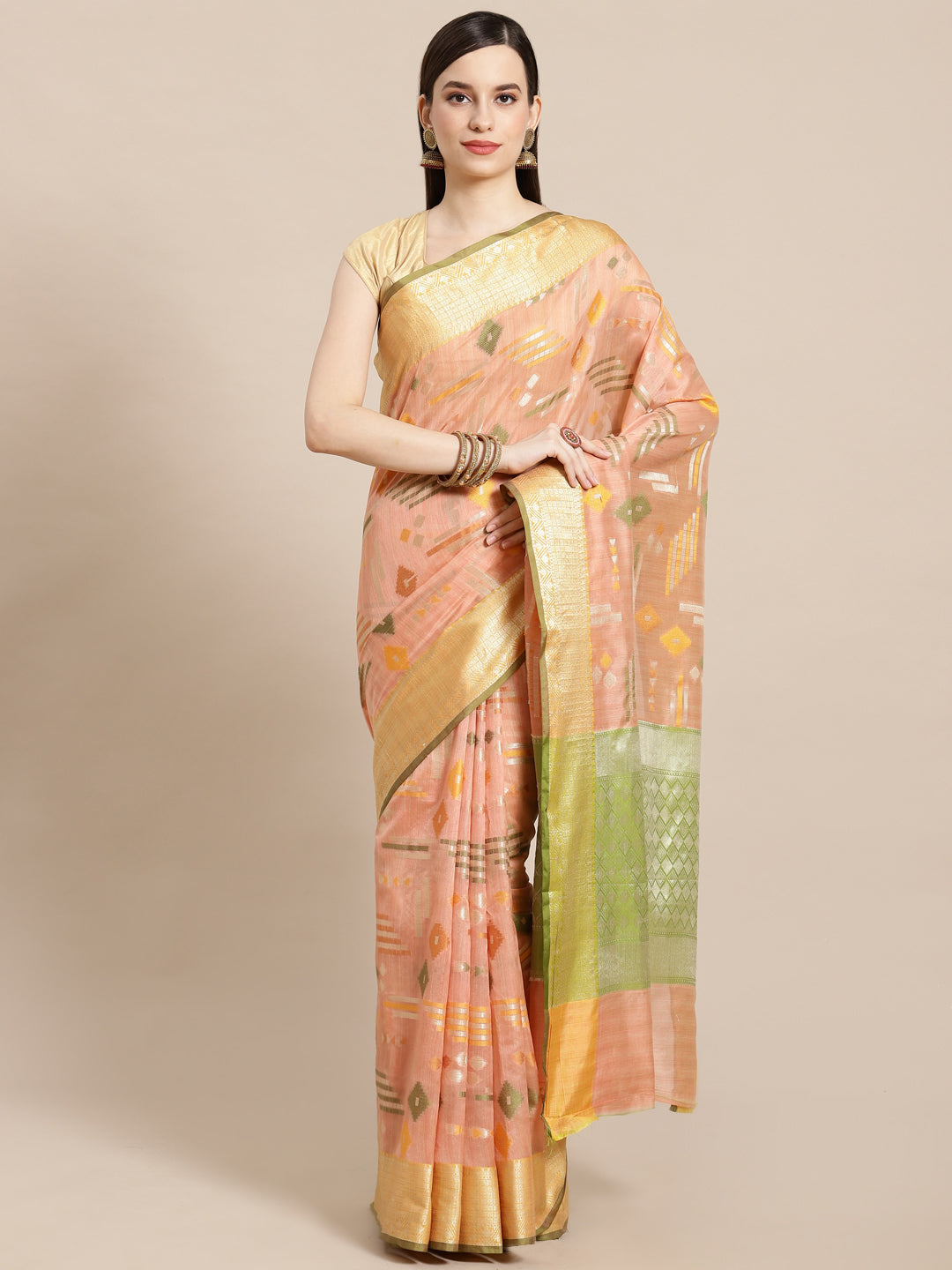 Faishana Presents Handwoven Peach Mulberry Silk Geometrical Motif Tilfi Zari Border With Parrot Green Blouse Banarasi Saree