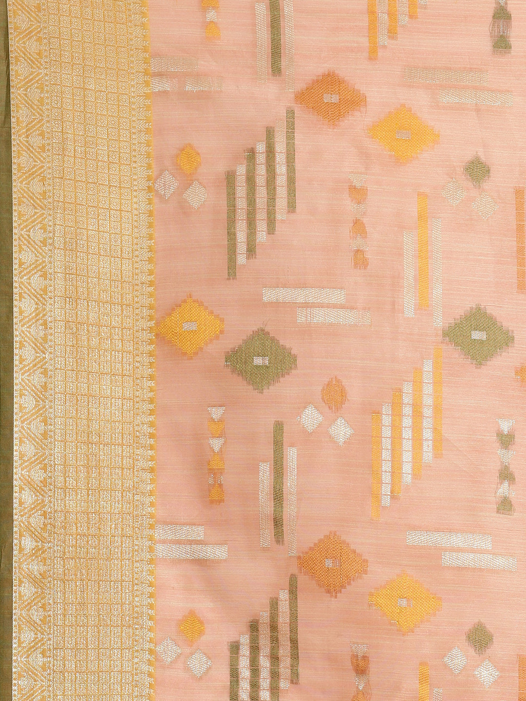 Faishana Presents Handwoven Peach Mulberry Silk Geometrical Motif Tilfi Zari Border With Parrot Green Blouse Banarasi Saree