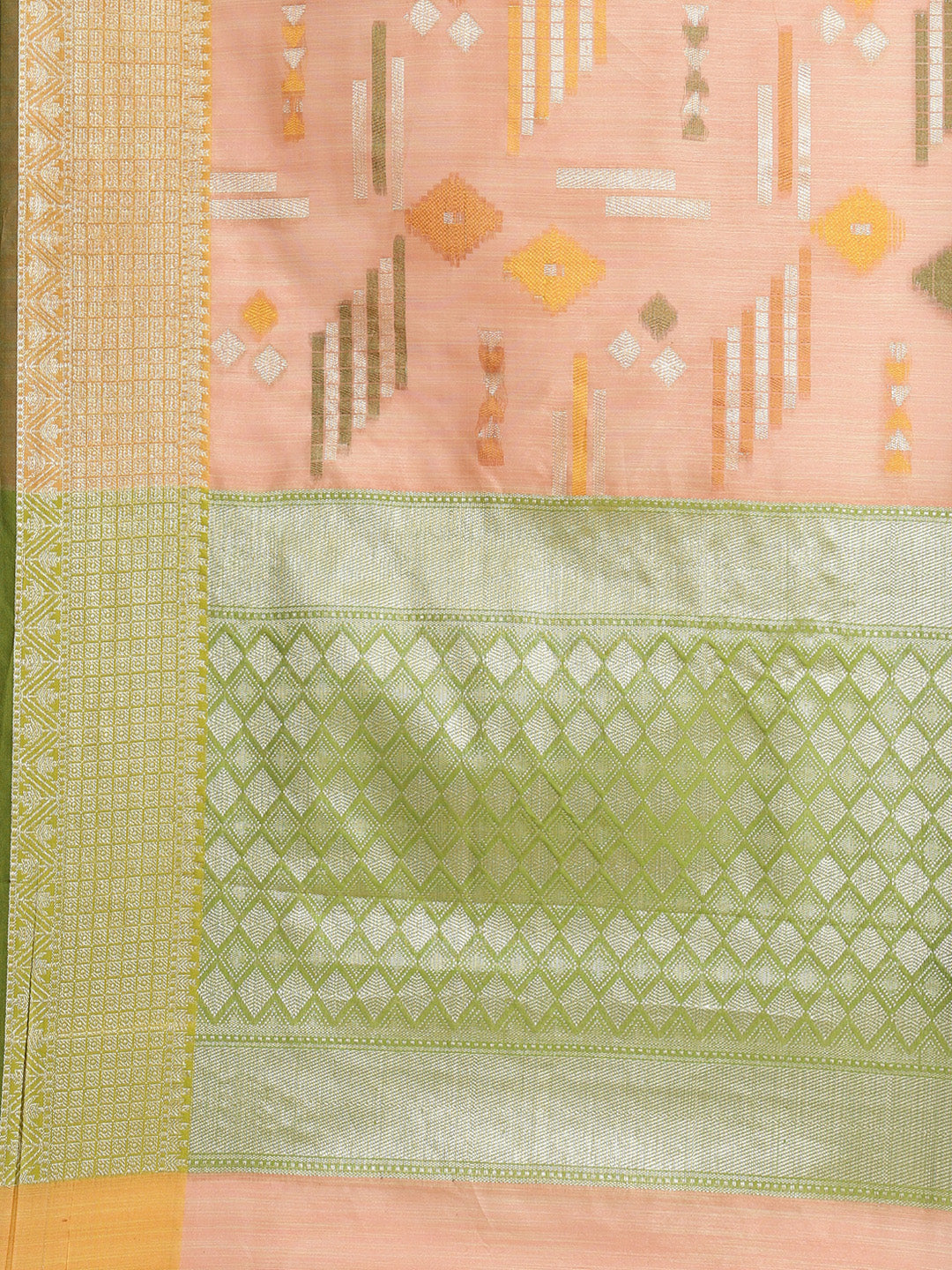 Faishana Presents Handwoven Peach Mulberry Silk Geometrical Motif Tilfi Zari Border With Parrot Green Blouse Banarasi Saree