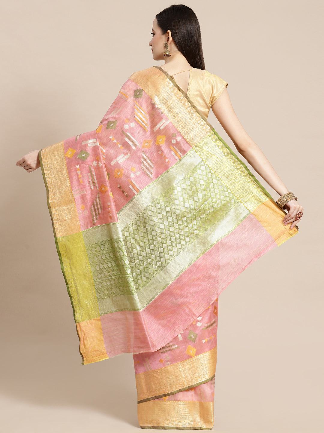 Faishana Presents Handwoven Pink Mulberry Silk Geometrical Motif Tilfi Zari Border With Parrot Green Blouse Banarasi Saree