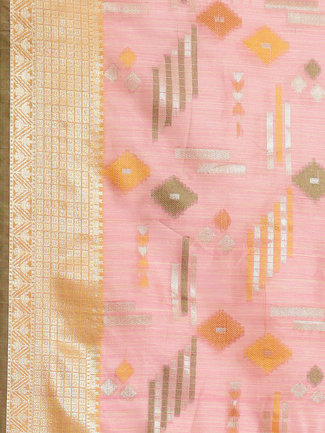 Faishana Presents Handwoven Pink Mulberry Silk Geometrical Motif Tilfi Zari Border With Parrot Green Blouse Banarasi Saree