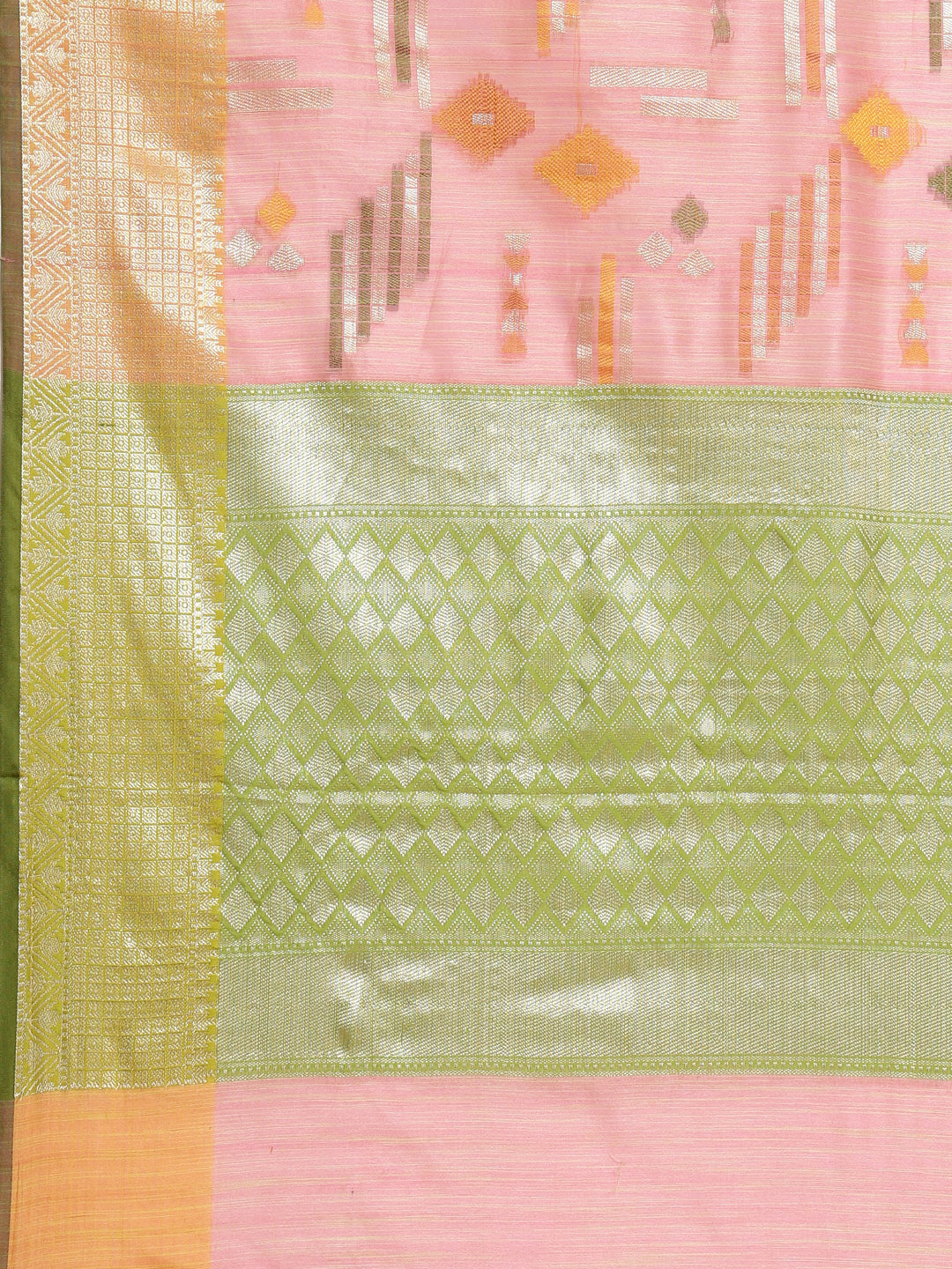 Faishana Presents Handwoven Pink Mulberry Silk Geometrical Motif Tilfi Zari Border With Parrot Green Blouse Banarasi Saree