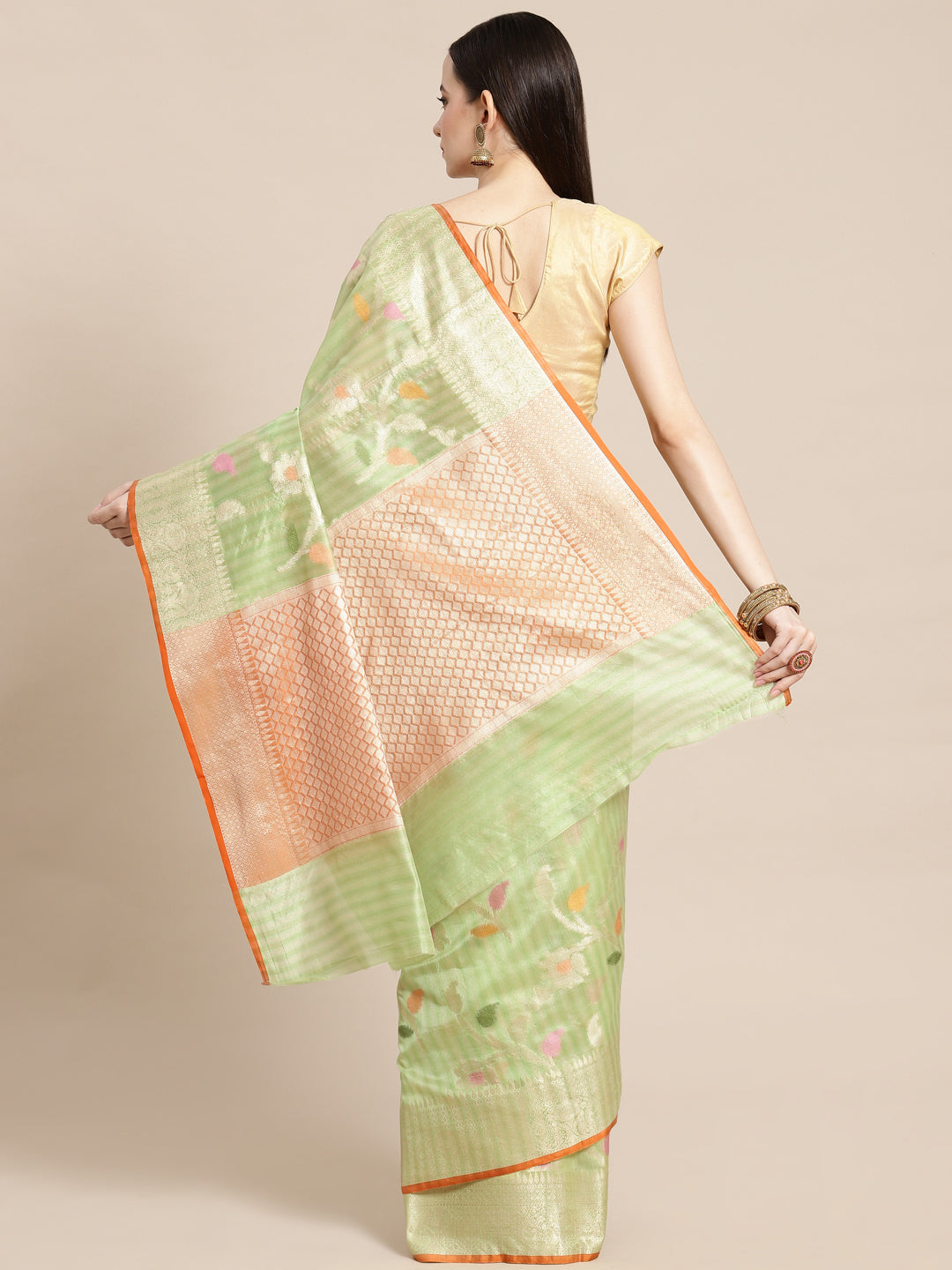 Faishana Presents Handwoven Pistachio Green Mulberry Silk Tilfi Jaal Zari Border With Orange Blouse Banarasi Saree