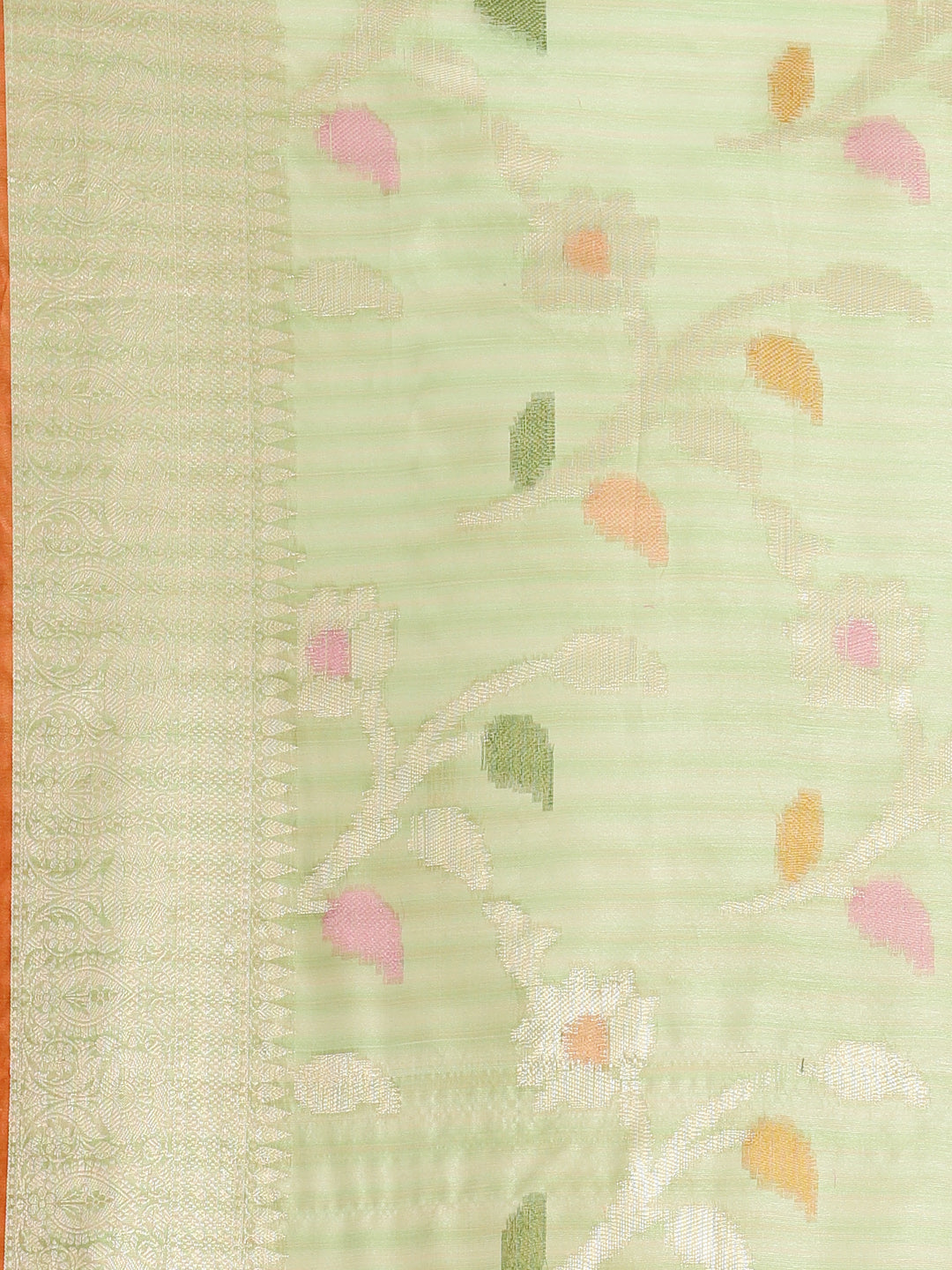 Faishana Presents Handwoven Pistachio Green Mulberry Silk Tilfi Jaal Zari Border With Orange Blouse Banarasi Saree