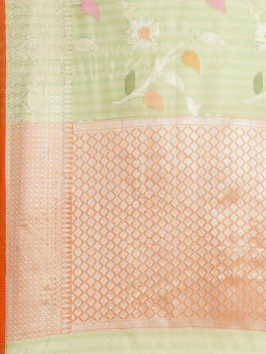 Faishana Presents Handwoven Pistachio Green Mulberry Silk Tilfi Jaal Zari Border With Orange Blouse Banarasi Saree