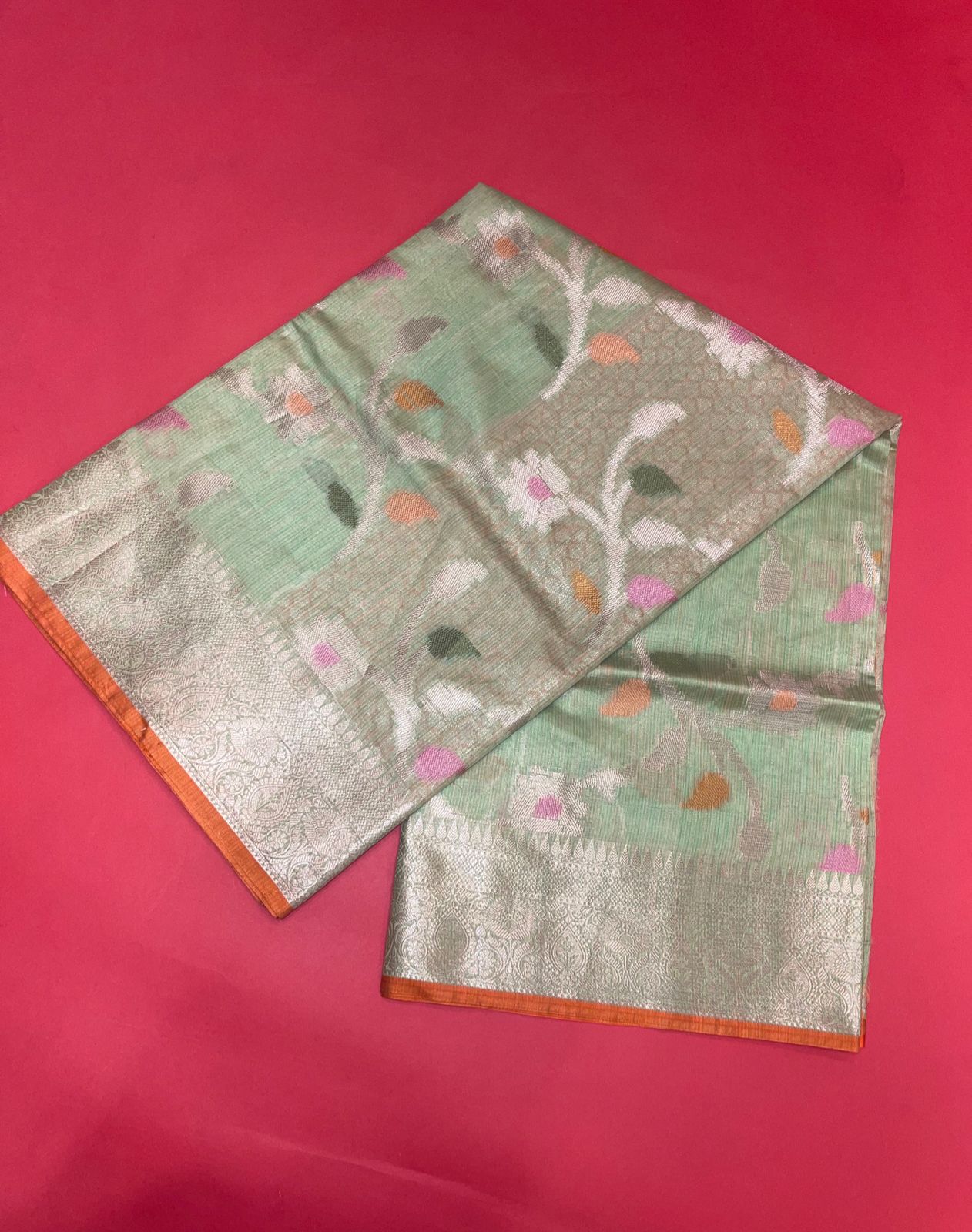 Faishana Presents Handwoven Pistachio Green Mulberry Silk Tilfi Jaal Zari Border With Orange Blouse Banarasi Saree