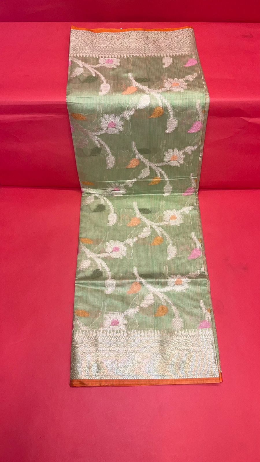 Faishana Presents Handwoven Pistachio Green Mulberry Silk Tilfi Jaal Zari Border With Orange Blouse Banarasi Saree