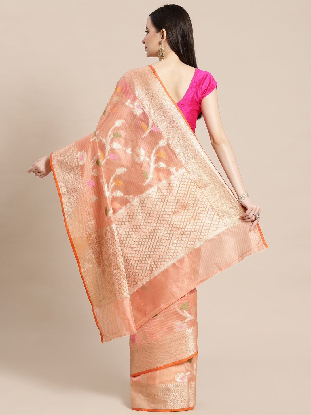Faishana Presents Handwoven Pink Mulberry Silk Tilfi Jaal Zari Border With Orange Blouse Banarasi Saree