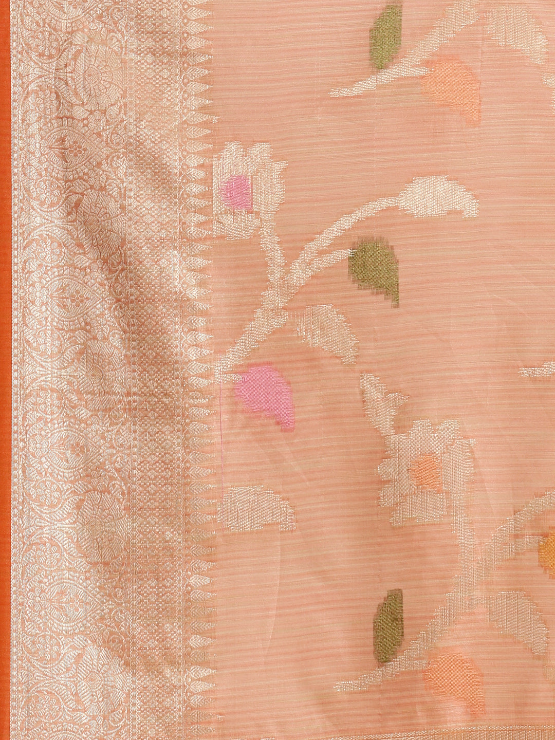 Faishana Presents Handwoven Pink Mulberry Silk Tilfi Jaal Zari Border With Orange Blouse Banarasi Saree