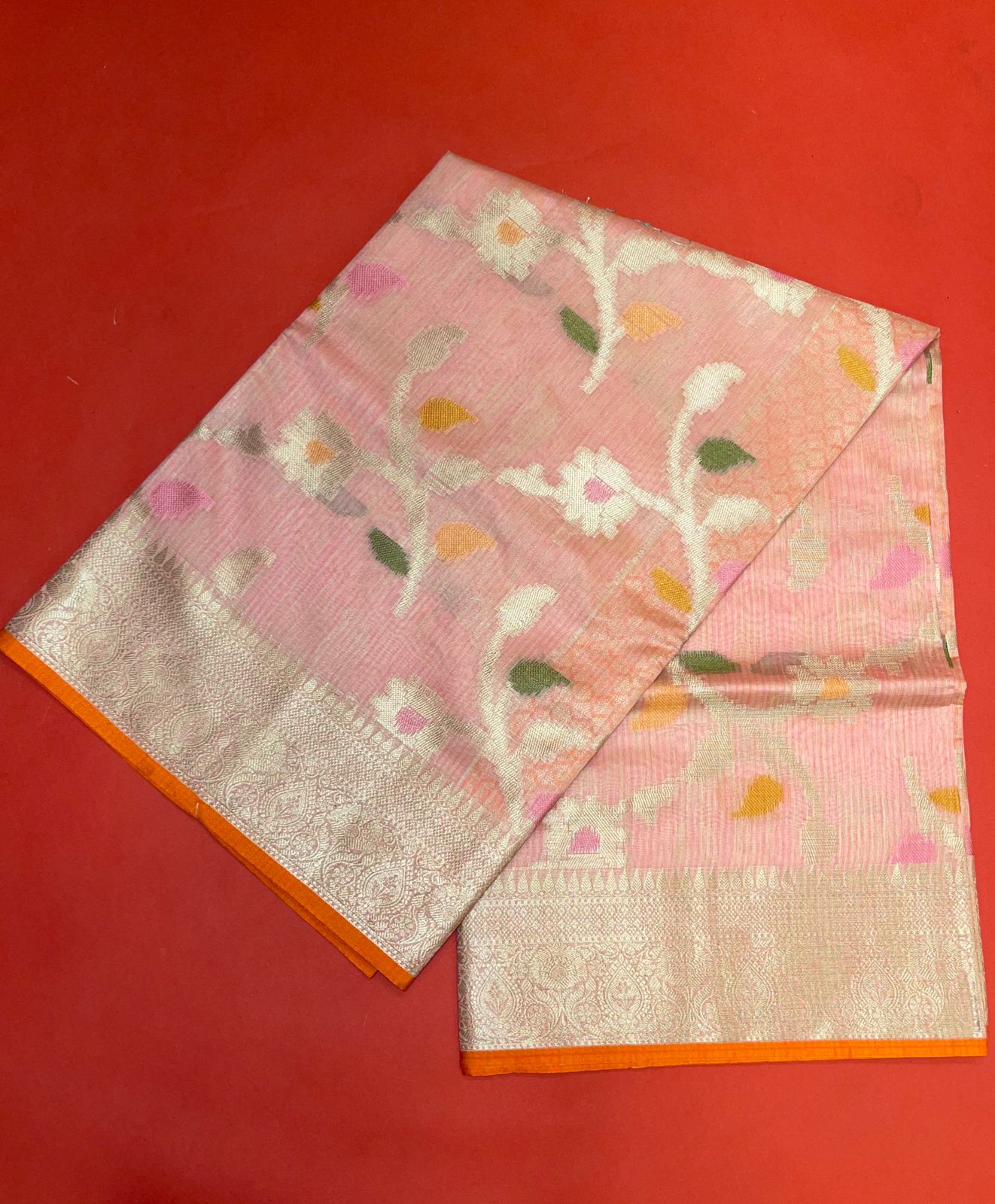 Faishana Presents Handwoven Peach Mulberry Silk Tilfi Jaal Zari Border With Orange Blouse Banarasi Saree