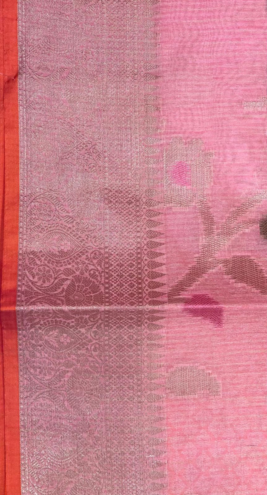 Faishana Presents Handwoven Peach Mulberry Silk Tilfi Jaal Zari Border With Orange Blouse Banarasi Saree