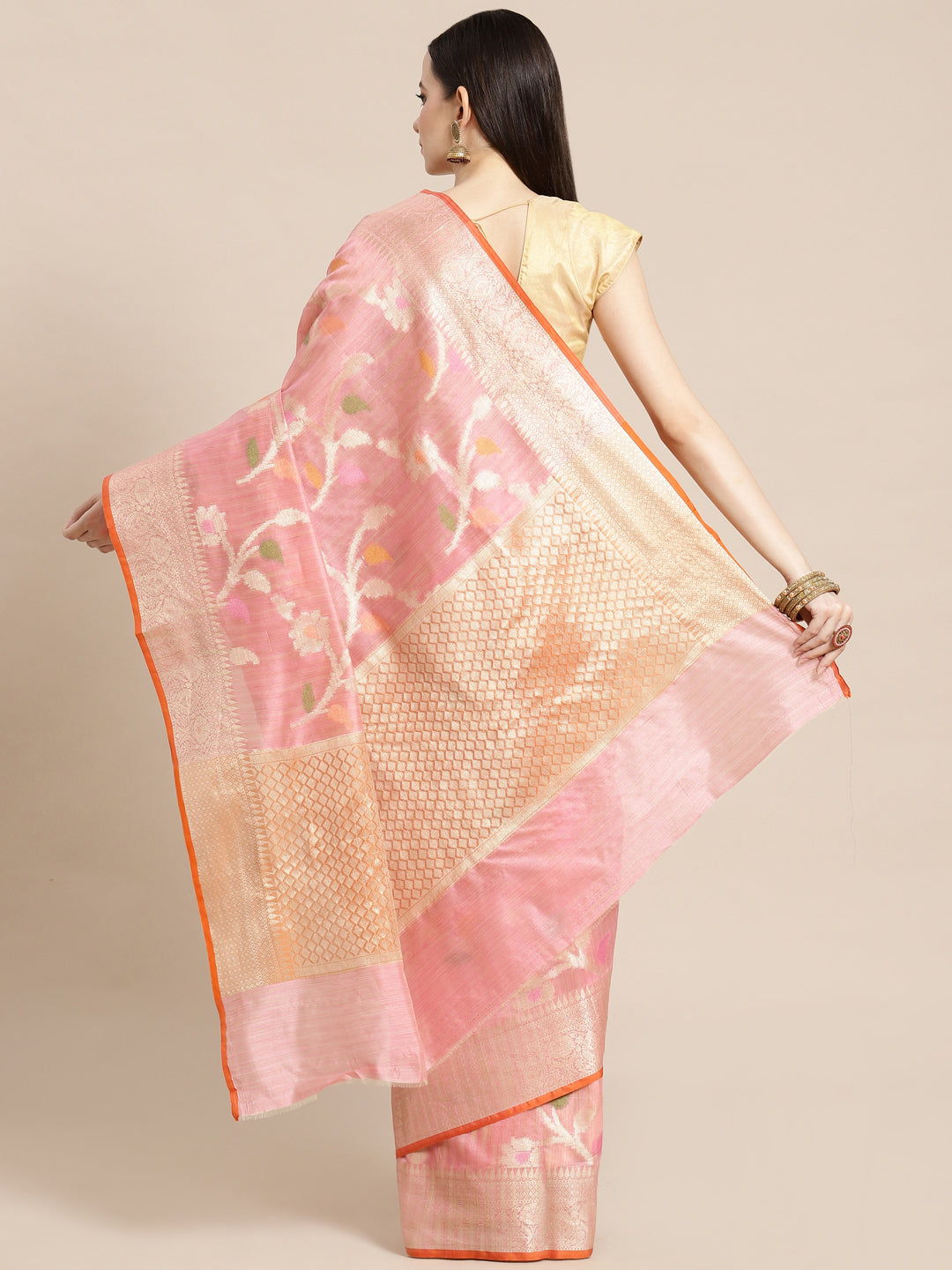 Faishana Presents Handwoven Peach Mulberry Silk Tilfi Jaal Zari Border With Orange Blouse Banarasi Saree