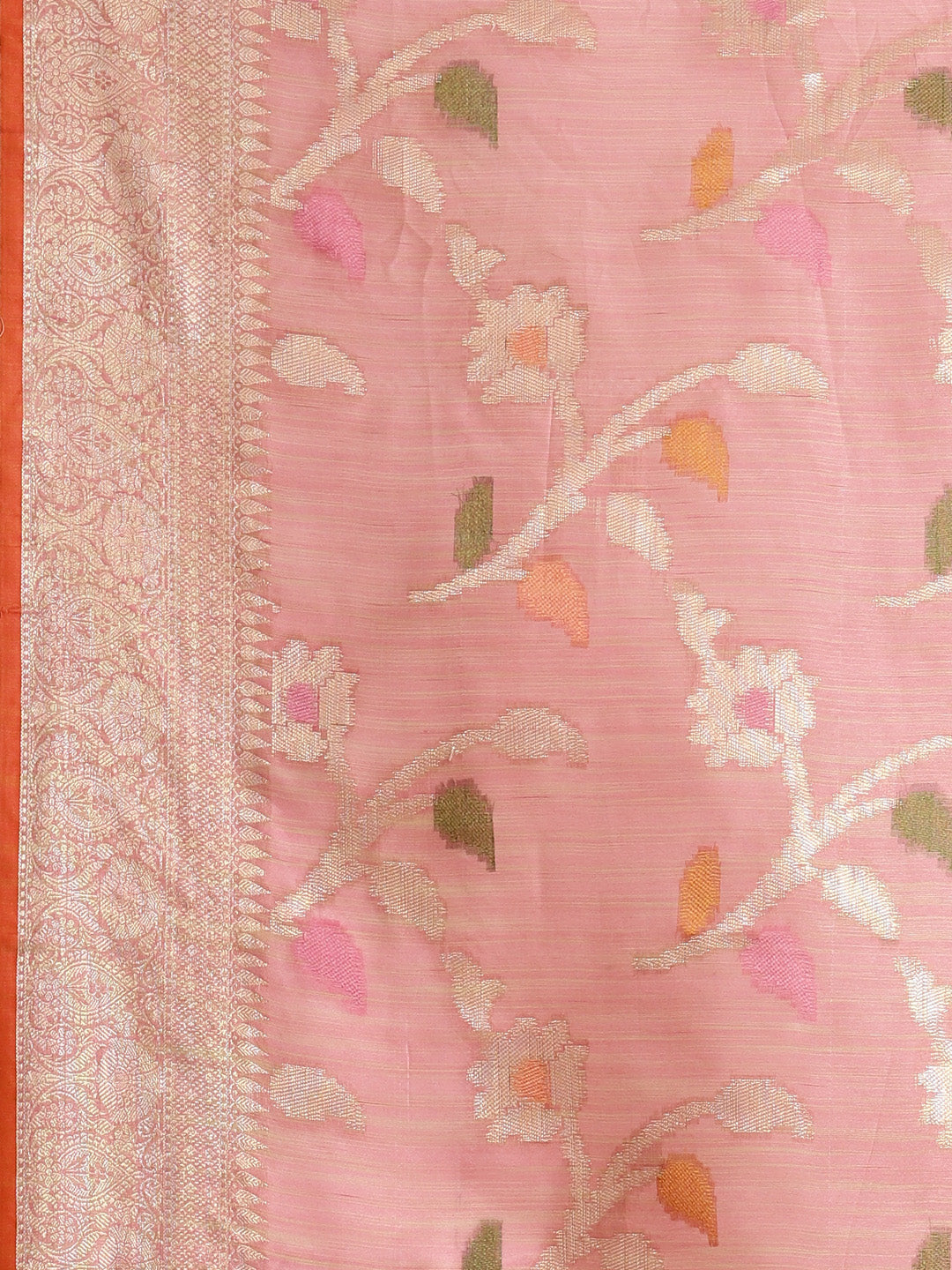 Faishana Presents Handwoven Peach Mulberry Silk Tilfi Jaal Zari Border With Orange Blouse Banarasi Saree
