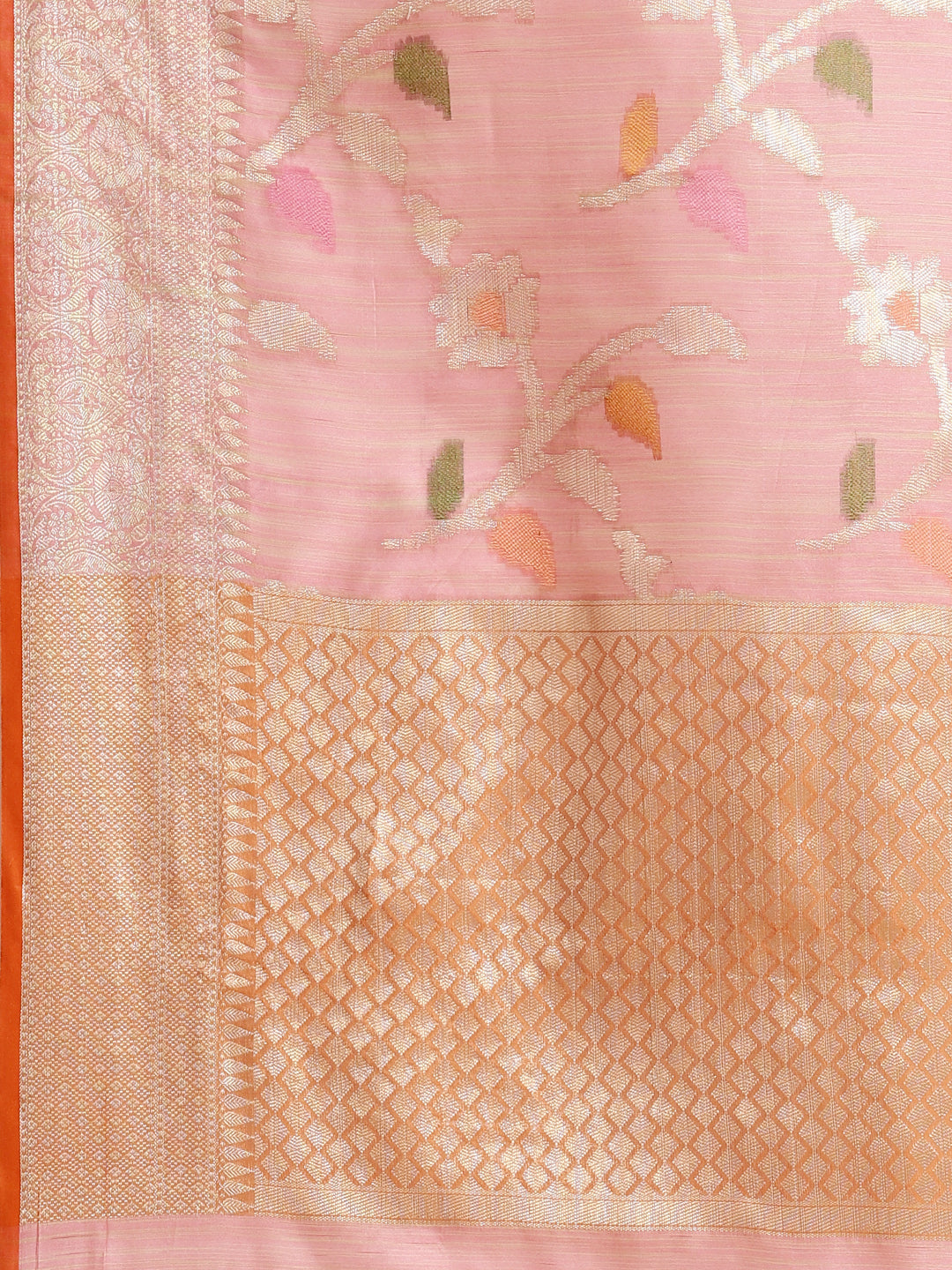 Faishana Presents Handwoven Peach Mulberry Silk Tilfi Jaal Zari Border With Orange Blouse Banarasi Saree