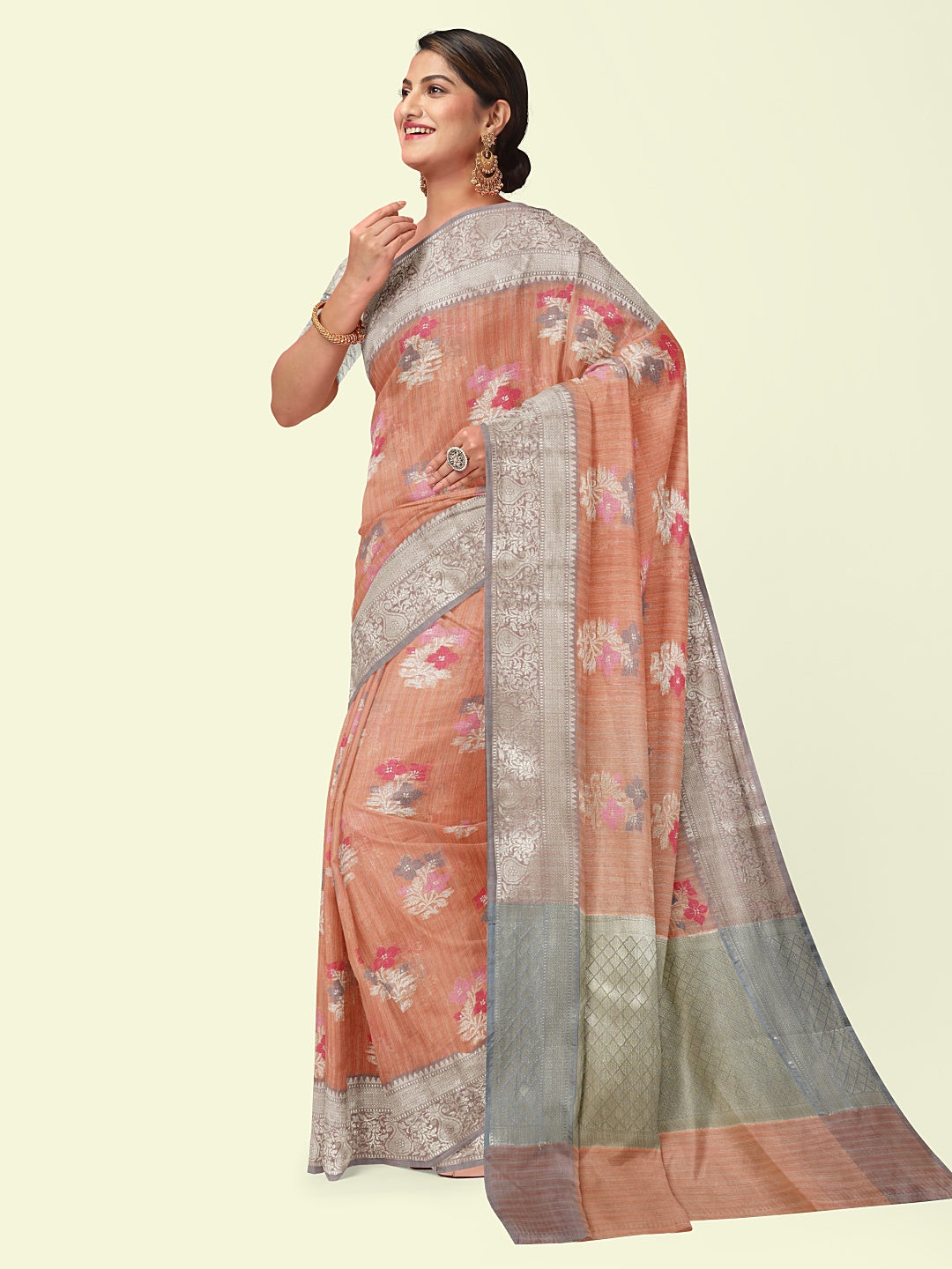 Faishana Presents Handwoven Peach Mulberry Silk Floral Booti With White Blouse Banarasi Saree