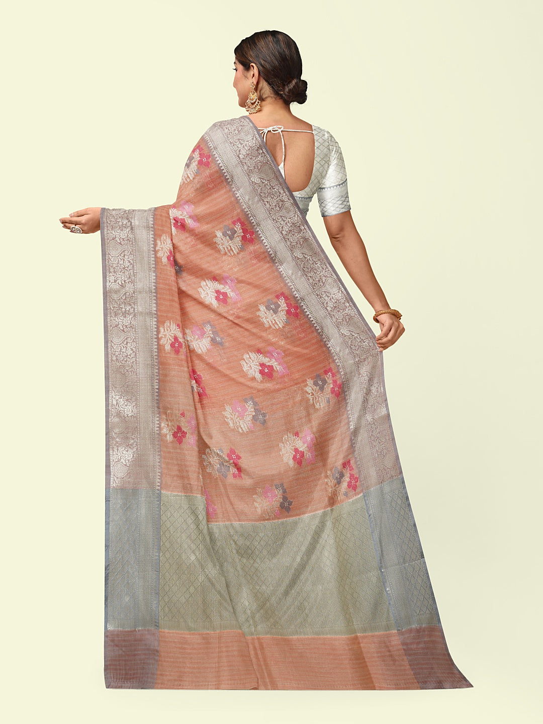 Faishana Presents Handwoven Peach Mulberry Silk Floral Booti With White Blouse Banarasi Saree