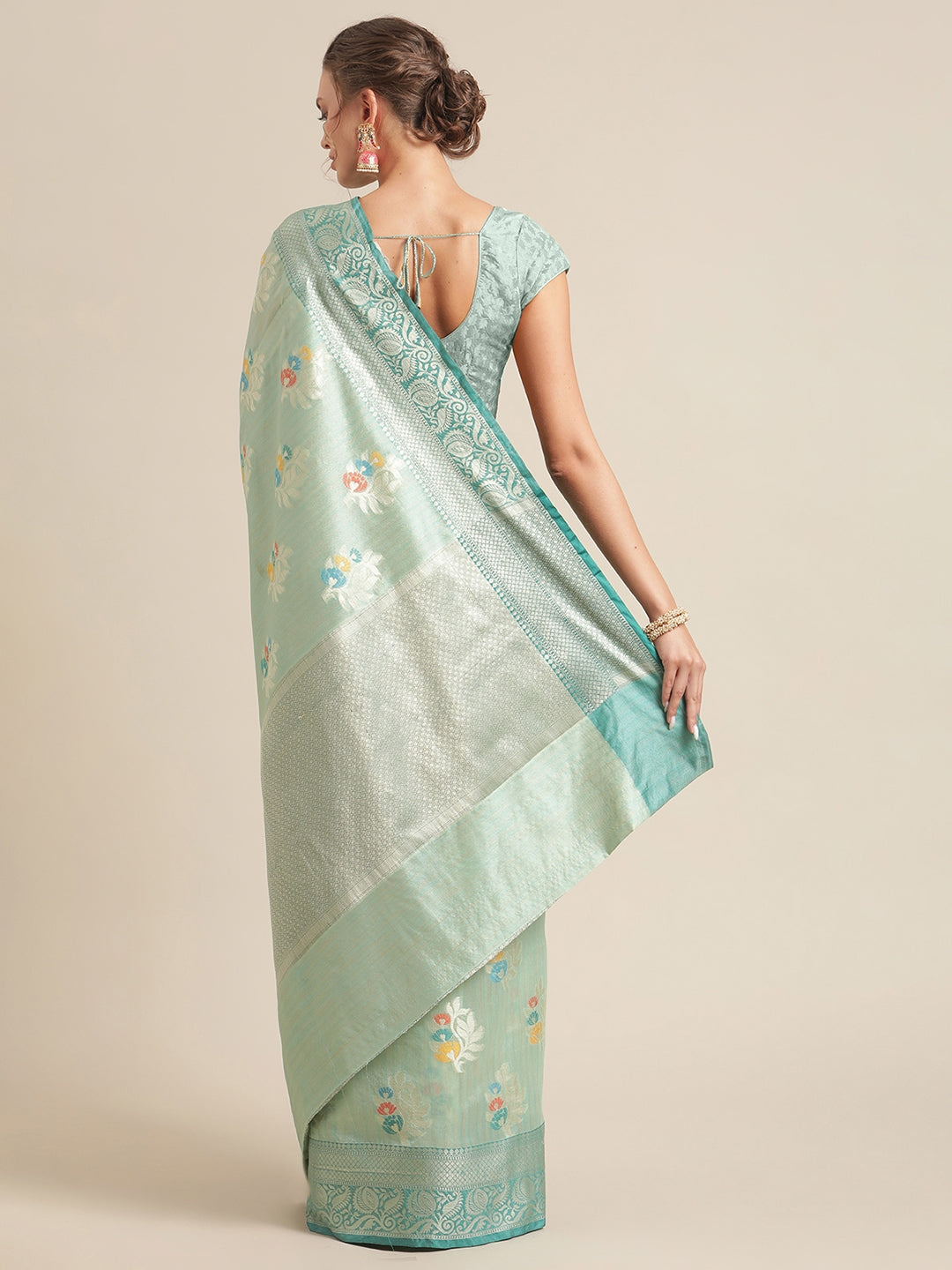 Faishana Presents Handwoven Seagreen Mulberry Silk Tilfi Boota Zari Border With Green Blouse Banarasi Saree