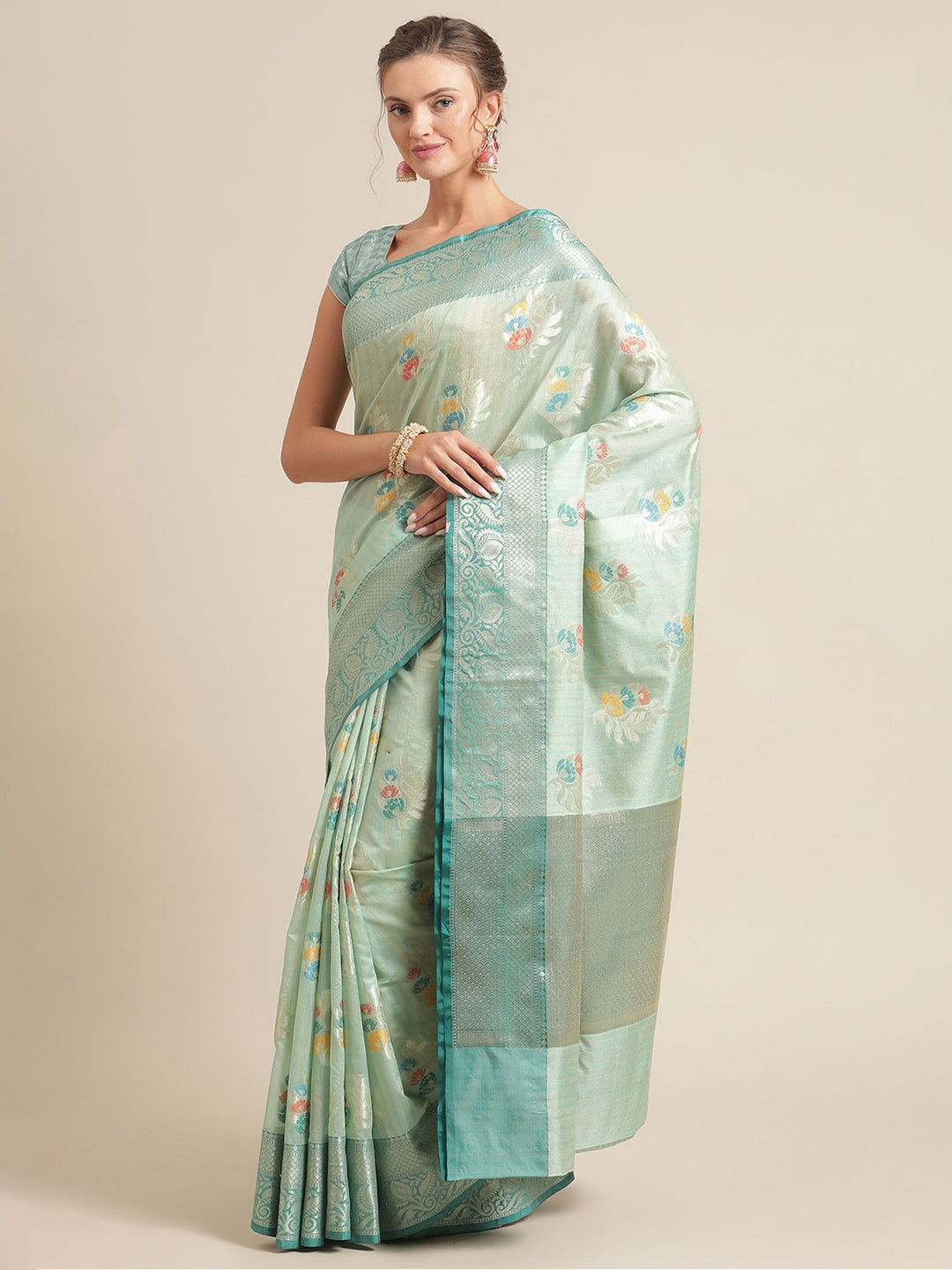 Faishana Presents Handwoven Seagreen Mulberry Silk Tilfi Boota Zari Border With Green Blouse Banarasi Saree