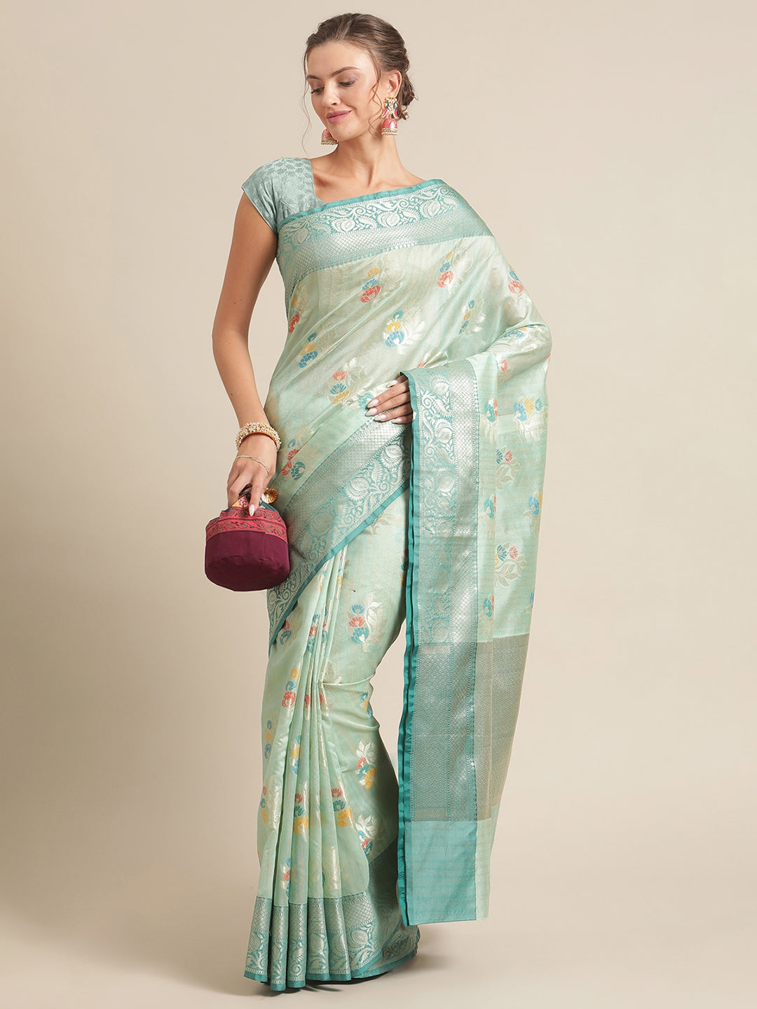 Faishana Presents Handwoven Seagreen Mulberry Silk Tilfi Boota Zari Border With Green Blouse Banarasi Saree