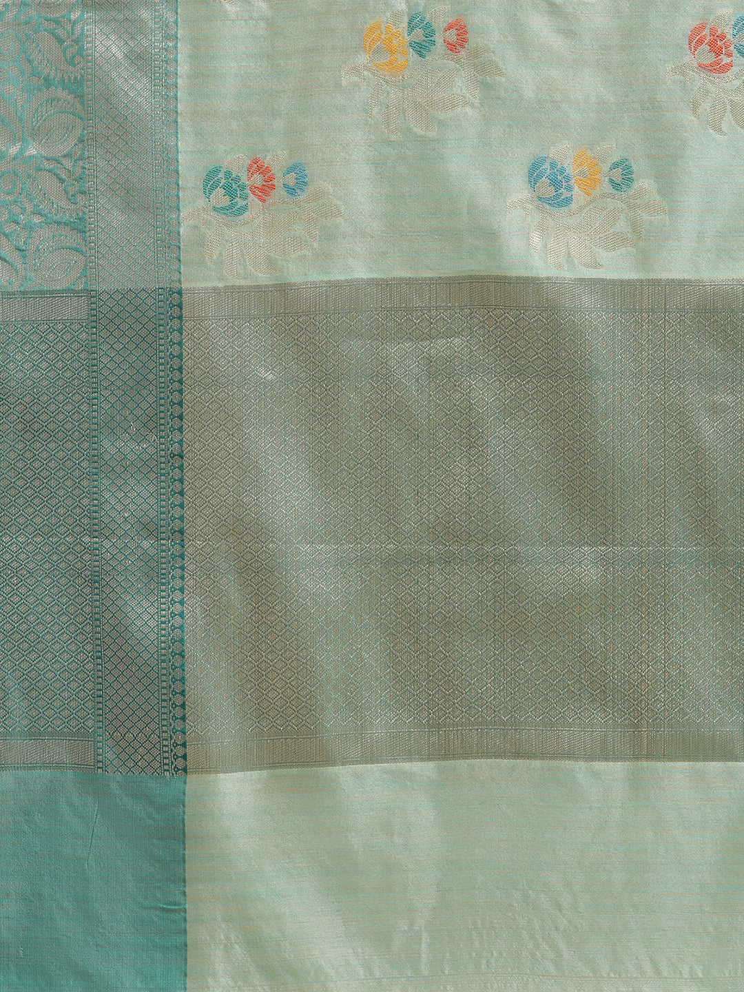 Faishana Presents Handwoven Seagreen Mulberry Silk Tilfi Boota Zari Border With Green Blouse Banarasi Saree