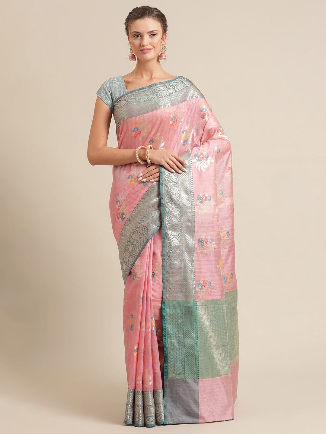 Faishana Presents Handwoven Pink Mulberry Silk Tilfi Boota Zari Border With Green Blouse Banarasi Saree