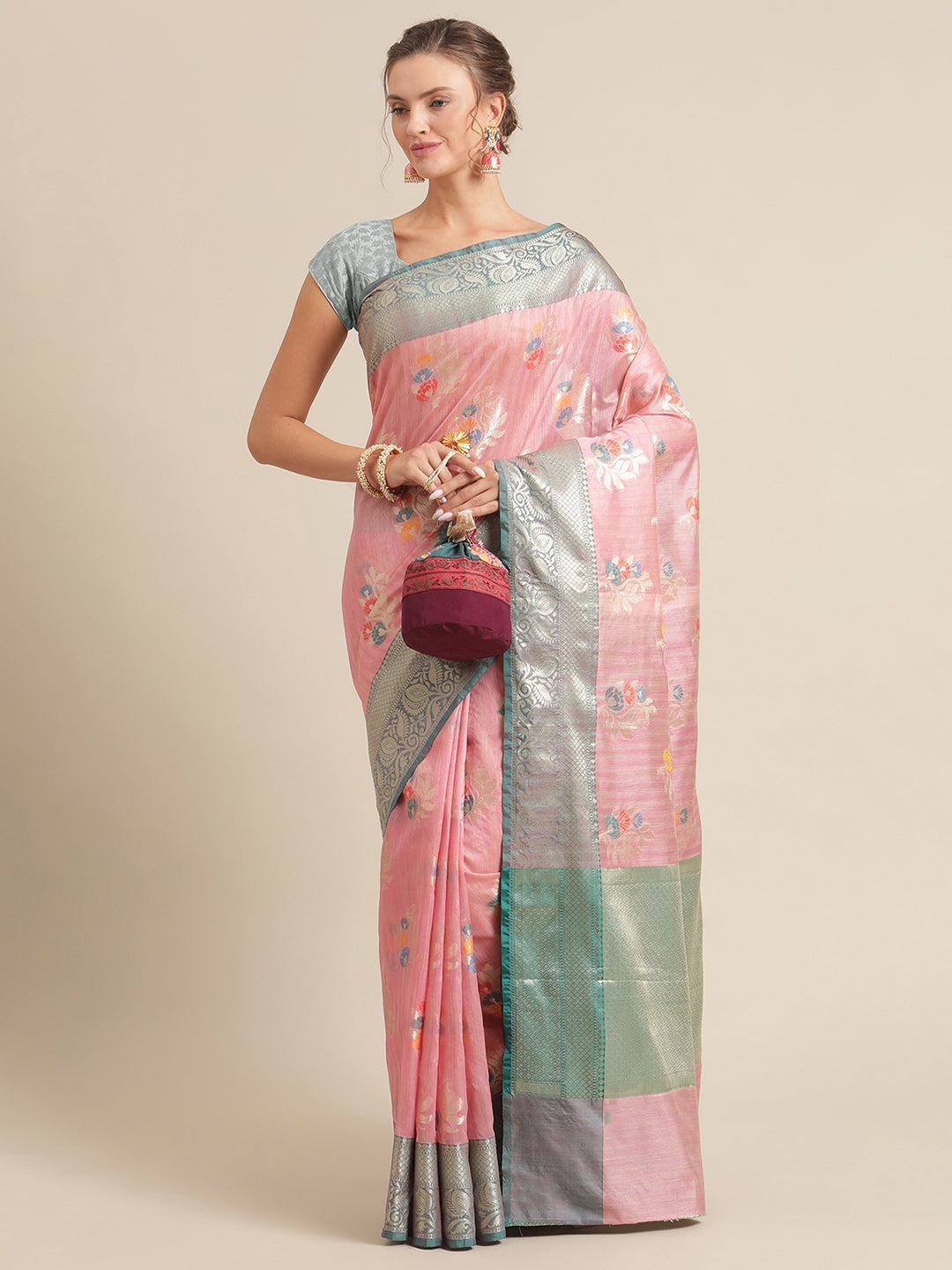 Faishana Presents Handwoven Pink Mulberry Silk Tilfi Boota Zari Border With Green Blouse Banarasi Saree