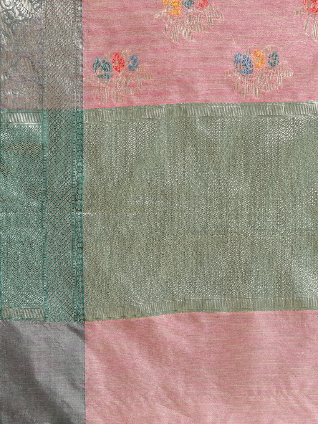 Faishana Presents Handwoven Pink Mulberry Silk Tilfi Boota Zari Border With Green Blouse Banarasi Saree