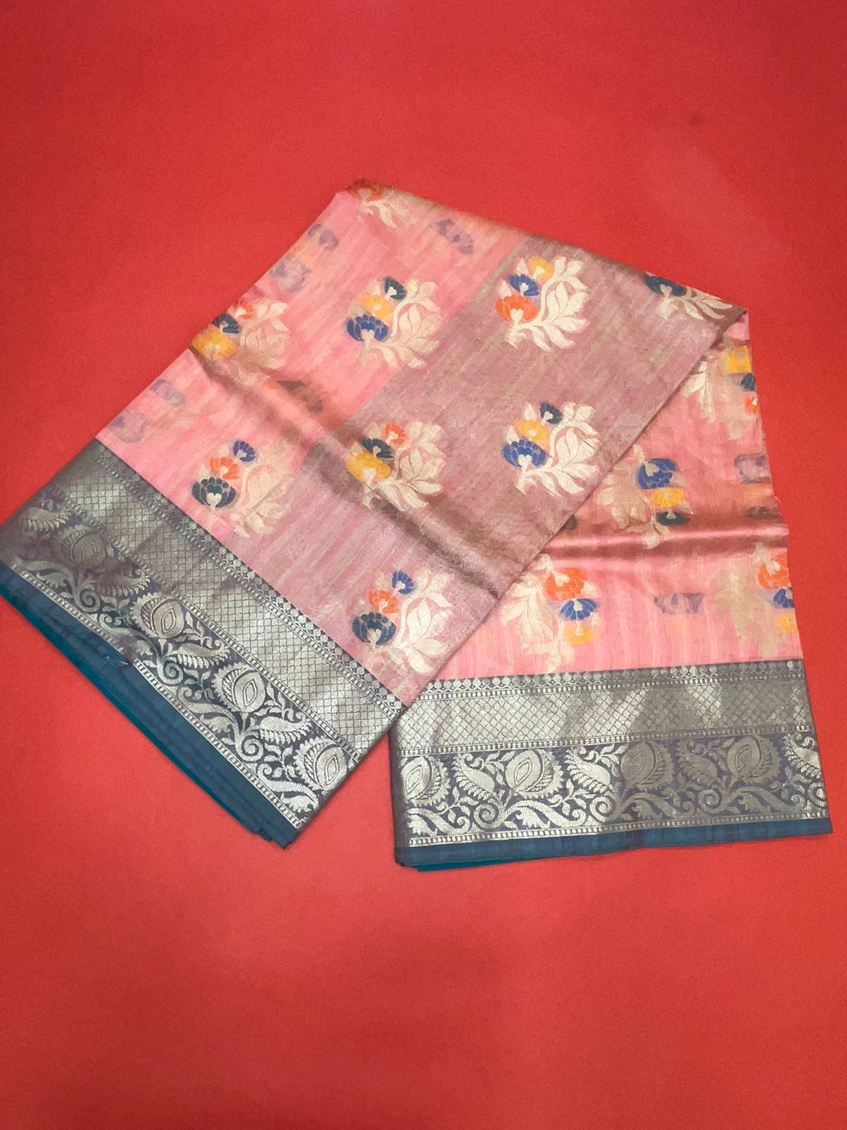 Faishana Presents Handwoven Pink Mulberry Silk Tilfi Boota Zari Border With Green Blouse Banarasi Saree
